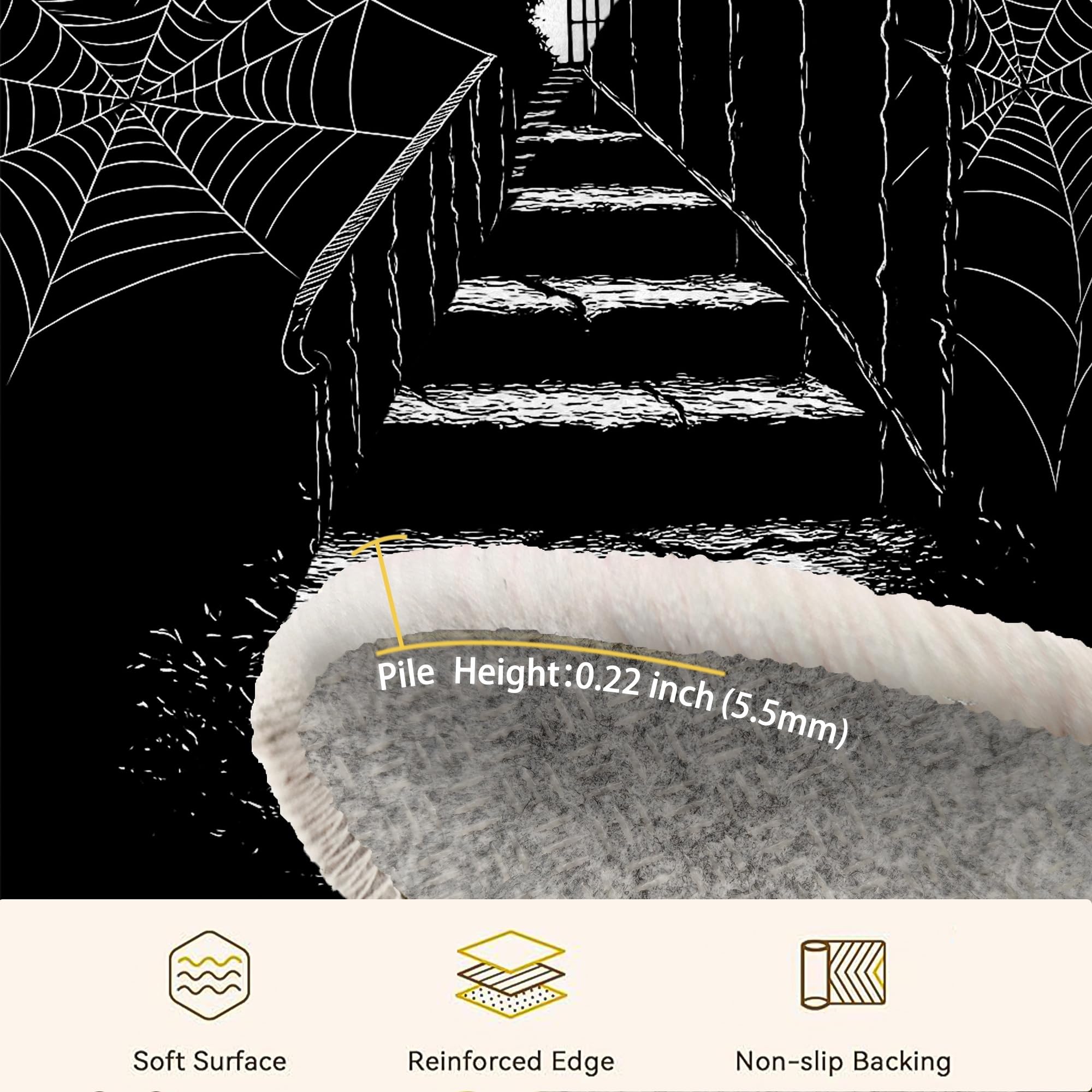Tappeto a ragnatela di Halloween, stile gotico, scale, cancello, Halloween, nero, a pelo basso, per casa, interni, non perde pelo, per soggiorno, camera da letto, sotto il tavolo, decorazione da