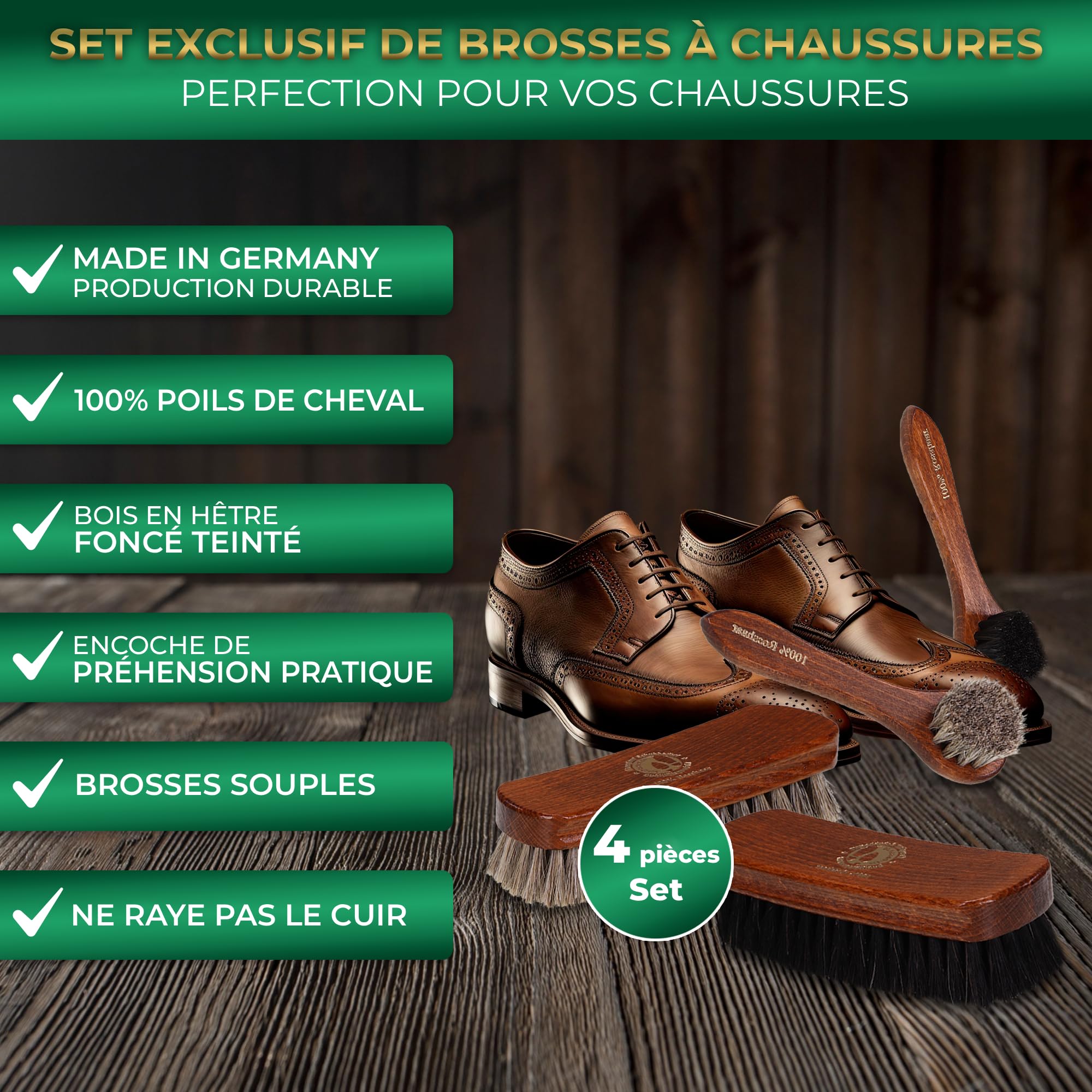 Langlauf Schuhbedarf - Brosse à chaussures en crin de cheval - Kit de 4 brosses - Bois de hêtre laqué - Marron - Pour chaussures, meubles en cuir, sacs et vêtements - Fabriqué en Allemagne