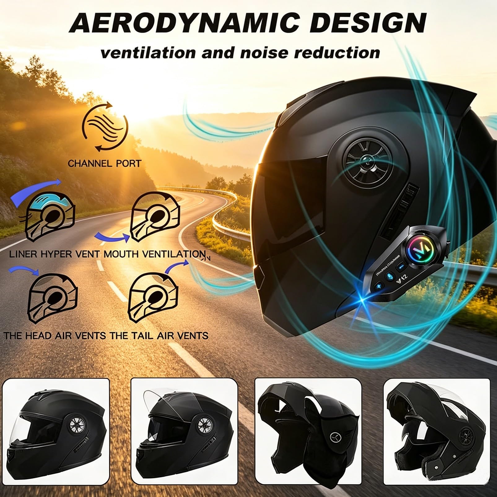 Kask Motocyklowy Szczękowy, [Aero Stratos] Uszczelnienie Akustyczne, ECE 22.06 DOT, Podwójna Wizjera dla Cruiser Street Bike