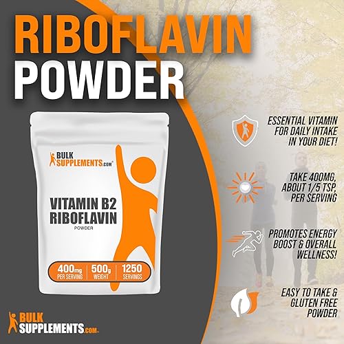 Miniatura 3 de BULKSUPPLEMENTS.COM Riboflavina en polvo  Vitamina B2 400 mg, suplementos de vitamina B  Riboflavina 400 mg, vitaminas para la energía  Sin gluten,
