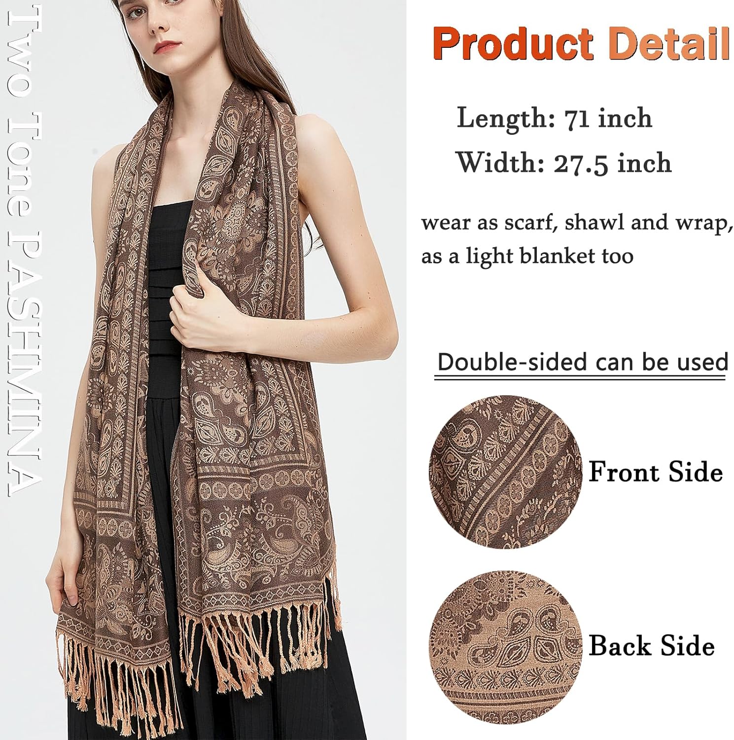 Gragengs Pashmina Shawl Wrap with Ethnic Paisley Two Tone Jacquard Scarf for Women - Image 2