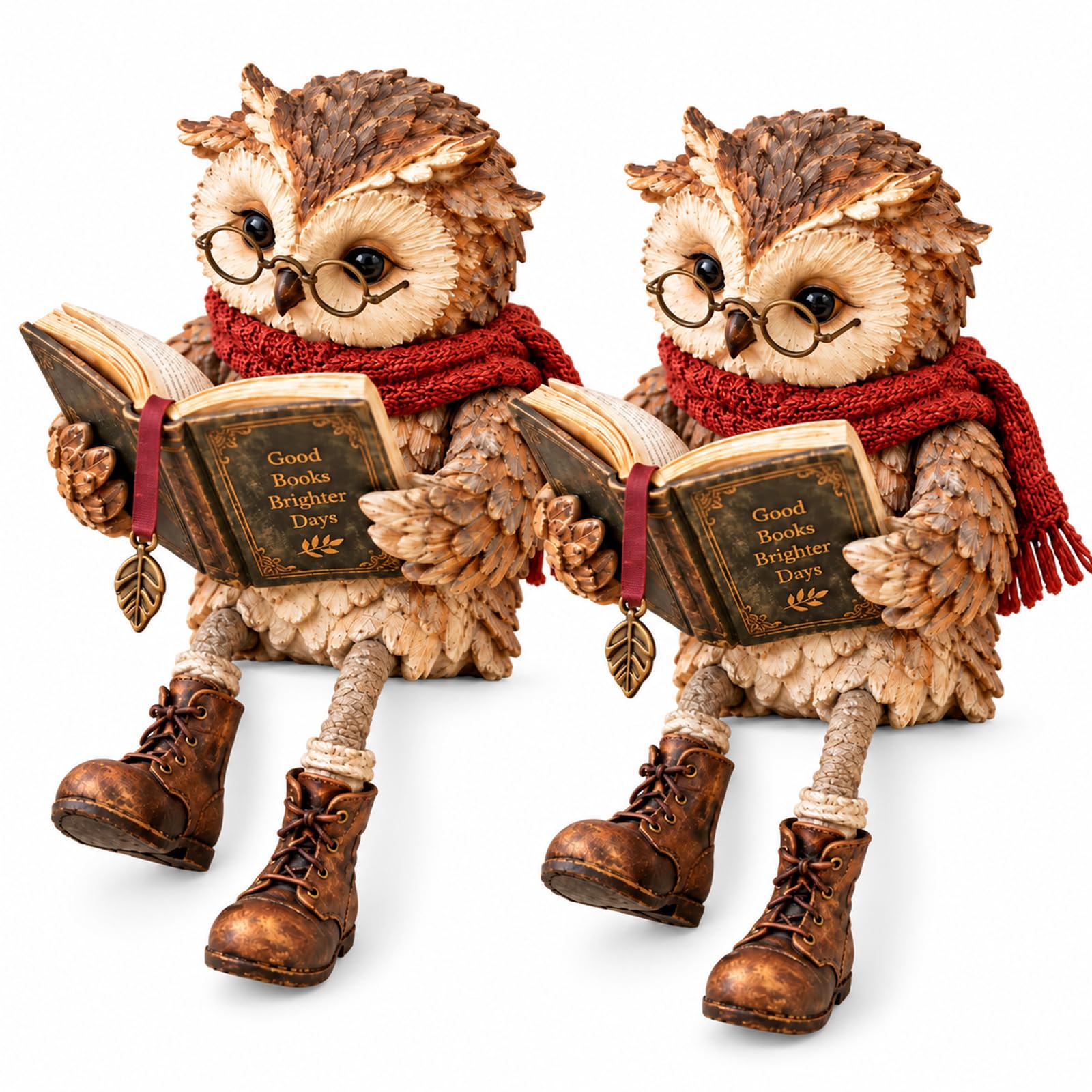 Reading Owl Figurine, Whimsical Shelf Sitter Decor for Book Lovers，2PC