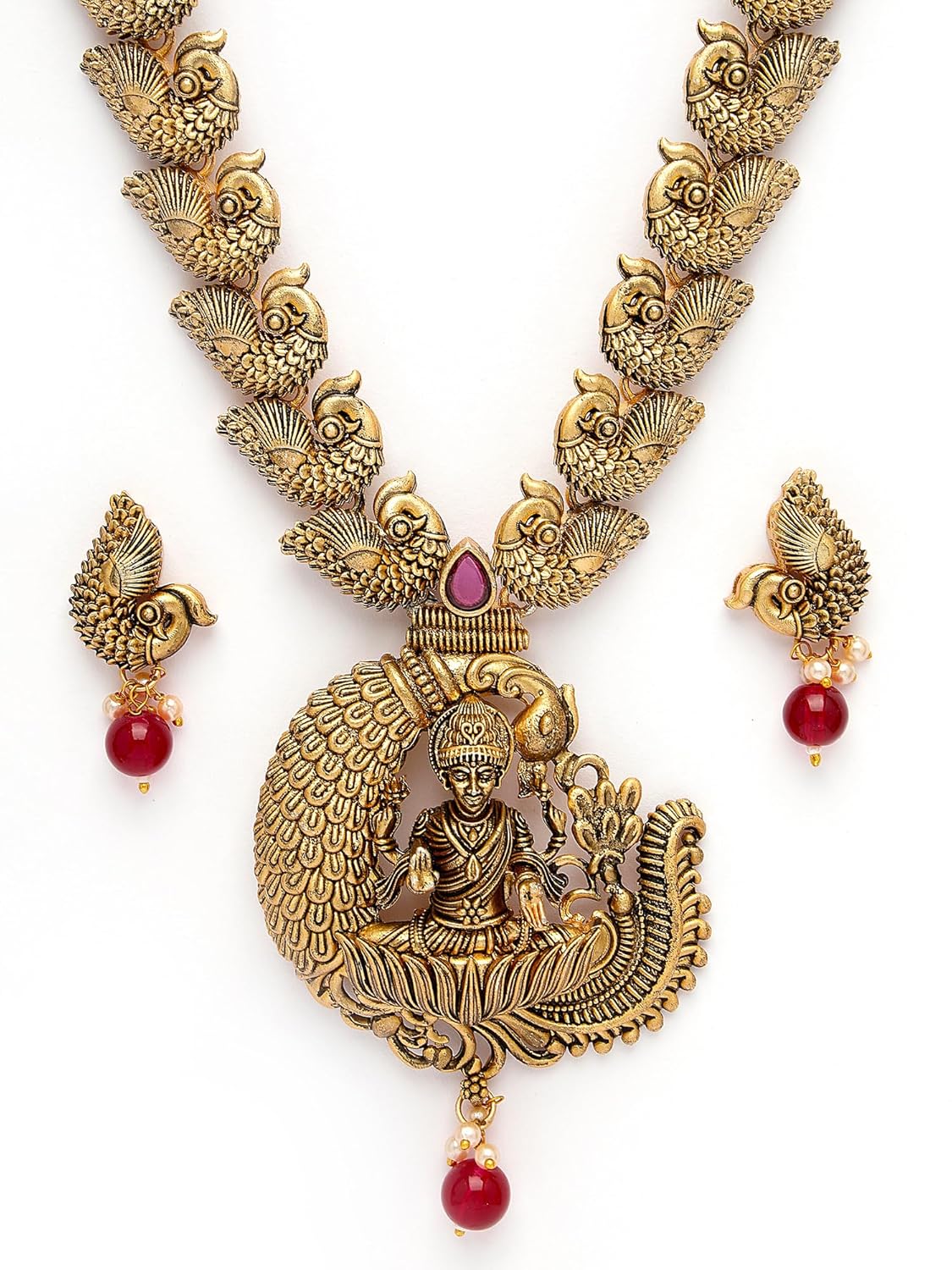 Karatcart Graceful Gold Plated Red Bead Laxmi Mata on Peacock Long Temple Jewellery Set for Women