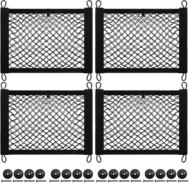 MAGIIN 4 Pcs Trunk Storage Bag, Double Layer Elastic Storage Net, Campervan Storage Storage Net Car Storage Mesh Car Storage Net Bag For Car Caravan Motorhome Boat SUV Truck Bed or Trunk-13.8*9.8inch
