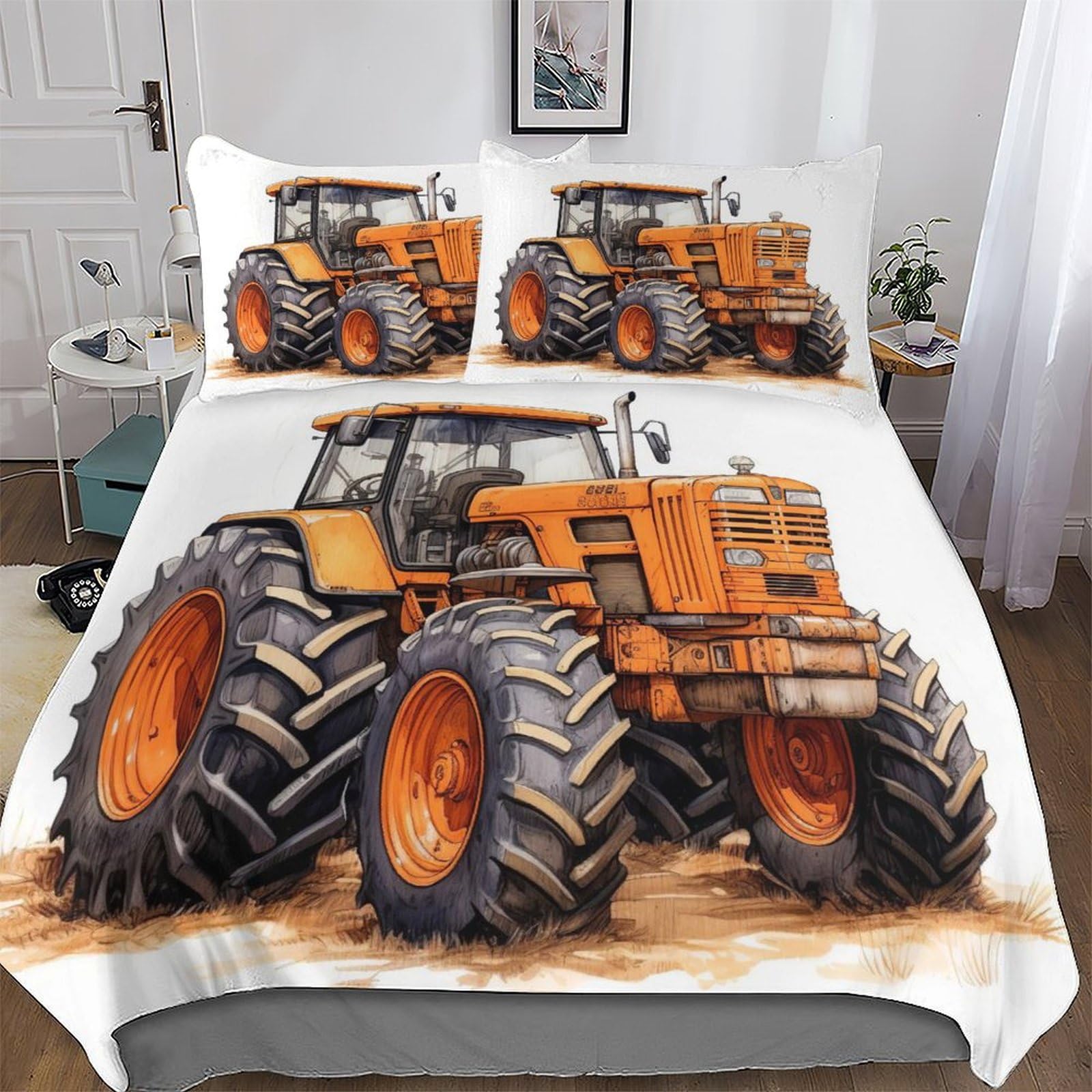 Green Tractor Duvet Cover Set Microfibre Soft Quilt Covers 3 Pieces Hotel Quality Bedding Comforter Cover with Pillowcase For Boys, Girls And Teenagers King (220x240cm)