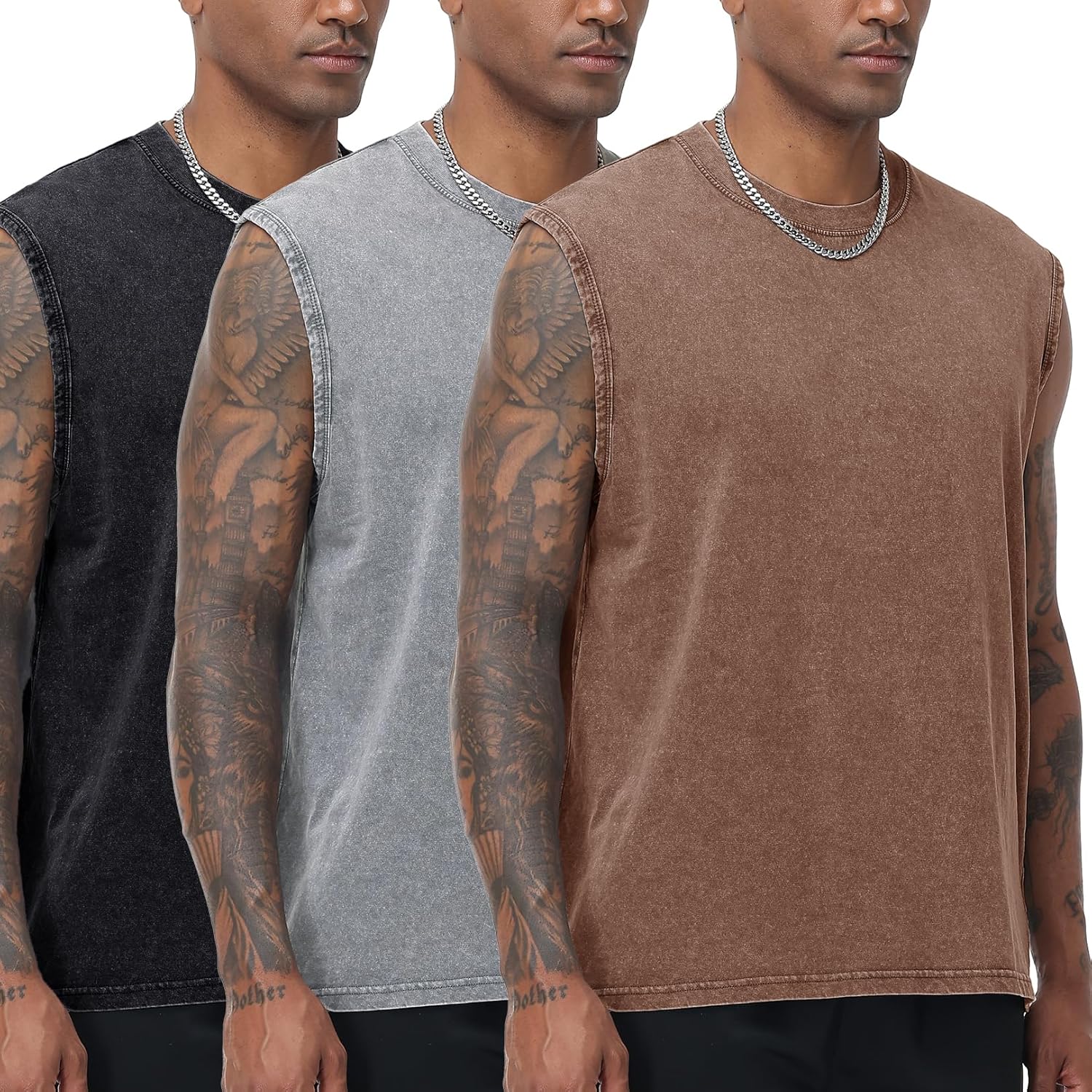 Flygo Mens Sleeveless Workout Tank Tops Cotton Cut Off Muscle T Shirts Acid Wash Loose Running Gym Tees