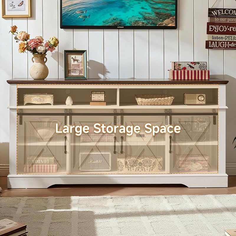 ROCKPOINT 66 Inch Farmhouse Entertainment Center,TV Stand with Sliding Barn Doors & Storage Cabinet,Highboy Media Console Fits Up to 75 Inch TVs for Living Room,White image 4
