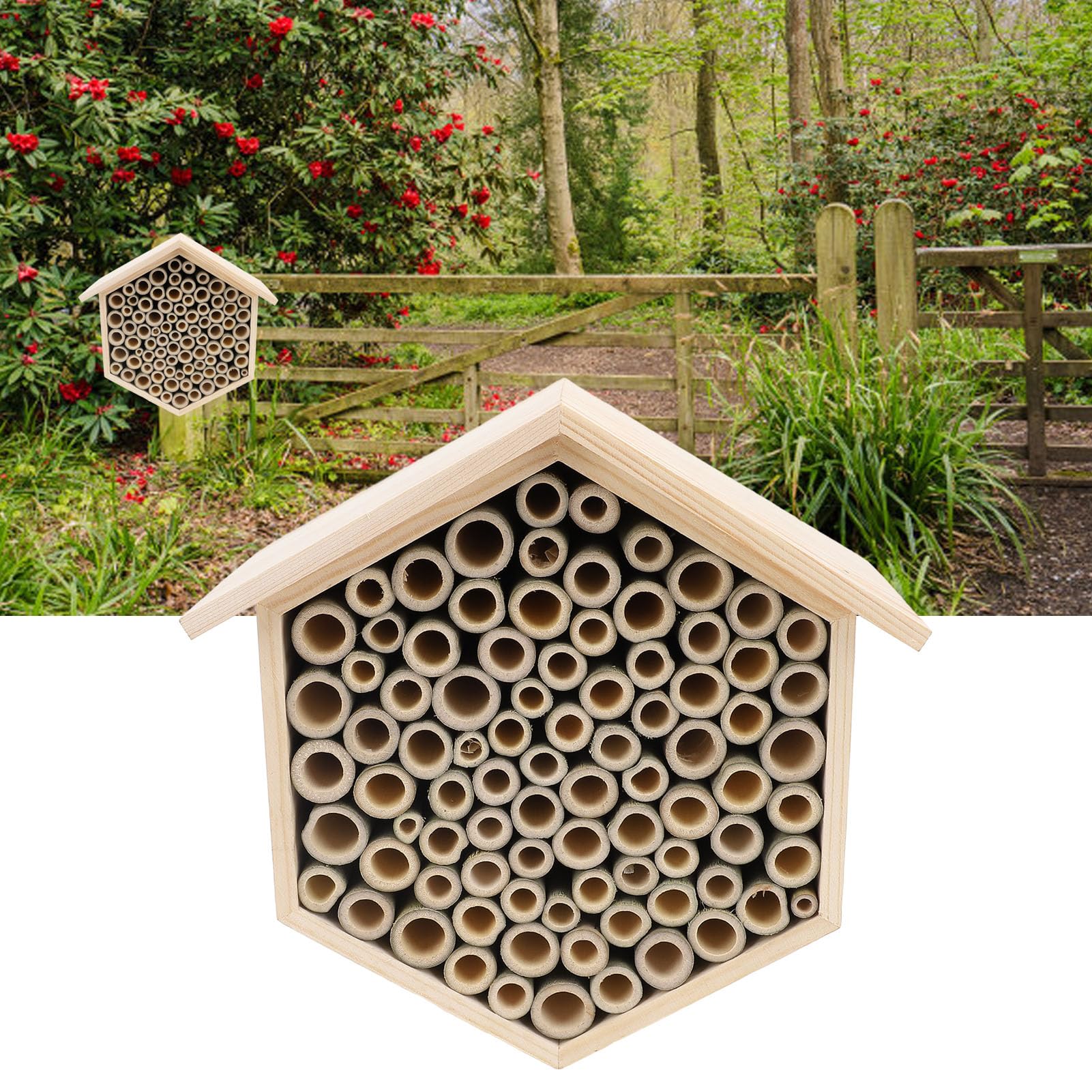 Topyond Hexagonal Bee House, handgefertigtes Holzbienenhotel für Garten, zieht Bestäuber, Mason Bee House mit Röhren, Outdoor Bee Hotel für Garten, Bienenbox für Mason Bees an