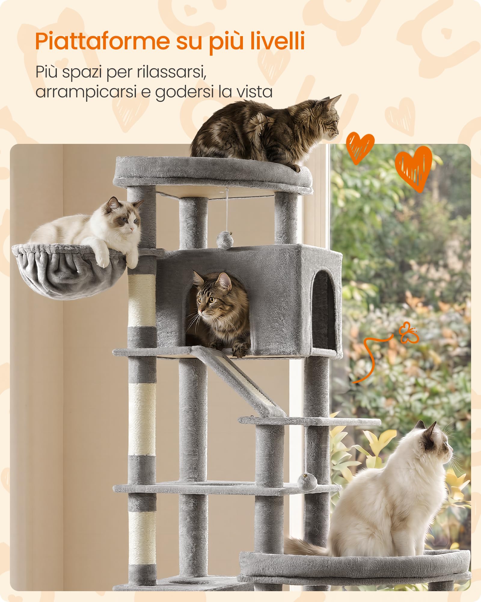 Feandrea Albero per Gatti XXL, Torre Tiragraffi in Sisal con Doppia Base, 6 Aree di Riposo, 133,5 x 67,5 x 202 cm, Grigio Tortora, per Gatti Grandi, Collezione Clawfy PCT020G101