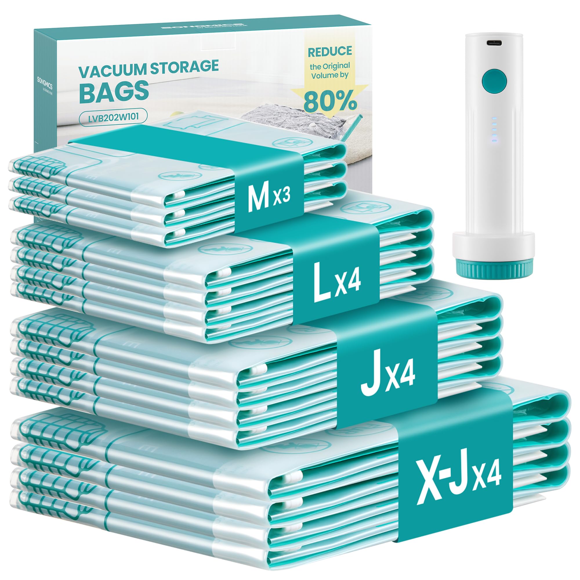SONGMICS Bolsas de Vacío con Bomba Eléctrica Recargable y Portátil, Bolsas para Ropa, Sábanas, Armarios y Viajes, Compactas y Reutilizables, 15 Piezas, 3M/4L/4J/4X-J, Transparentes LVB204W101