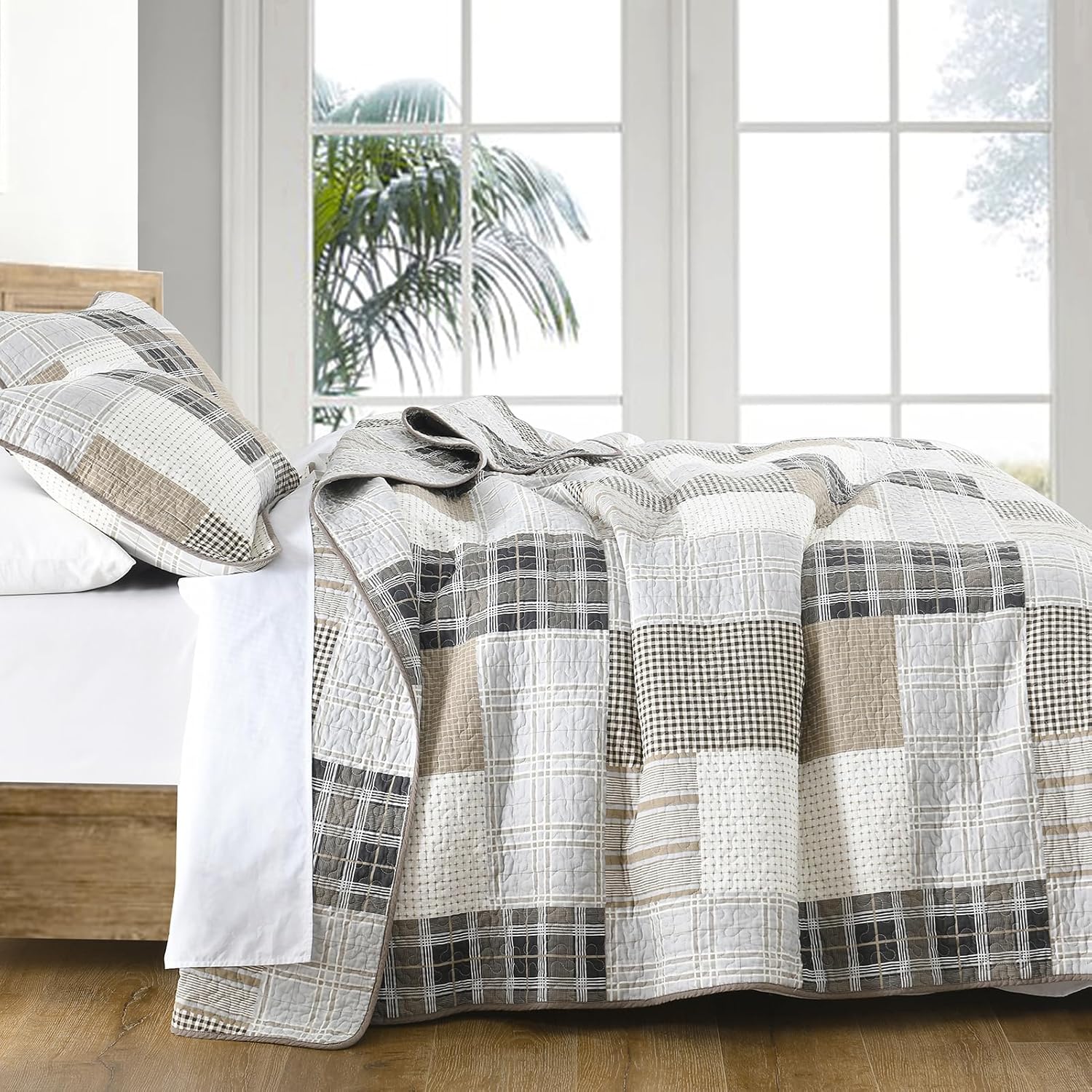 PANGUSHAN 100% Cotton Quilt Set King Size, King Size Farmhouse Plaid Patchwork Reversible Rustic Quilt Bedding Set Quilted Bedspread Lightweight Comforter for King Bed, 3pcs, Gray/Cream/Beige - Image 3