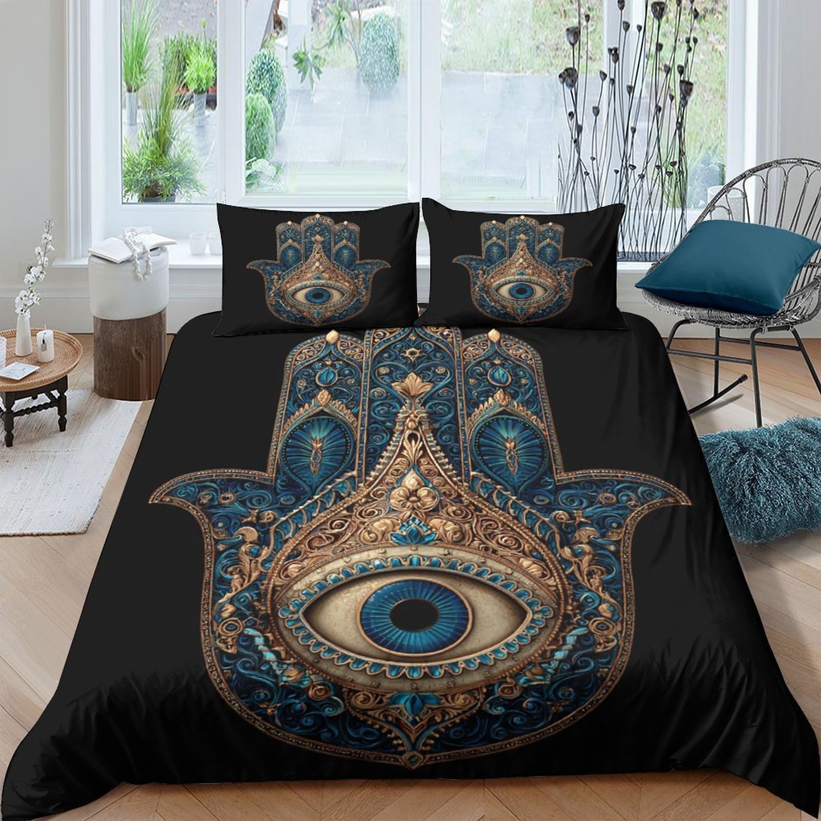 Ctjqhvkz Style-4 3D Printed Hamsa Hand Fitted Sheet Microfiber Black Gold Evil Eye Bed Cover Non Slip Bedroom Dorm Decorative Single（135X200cm）