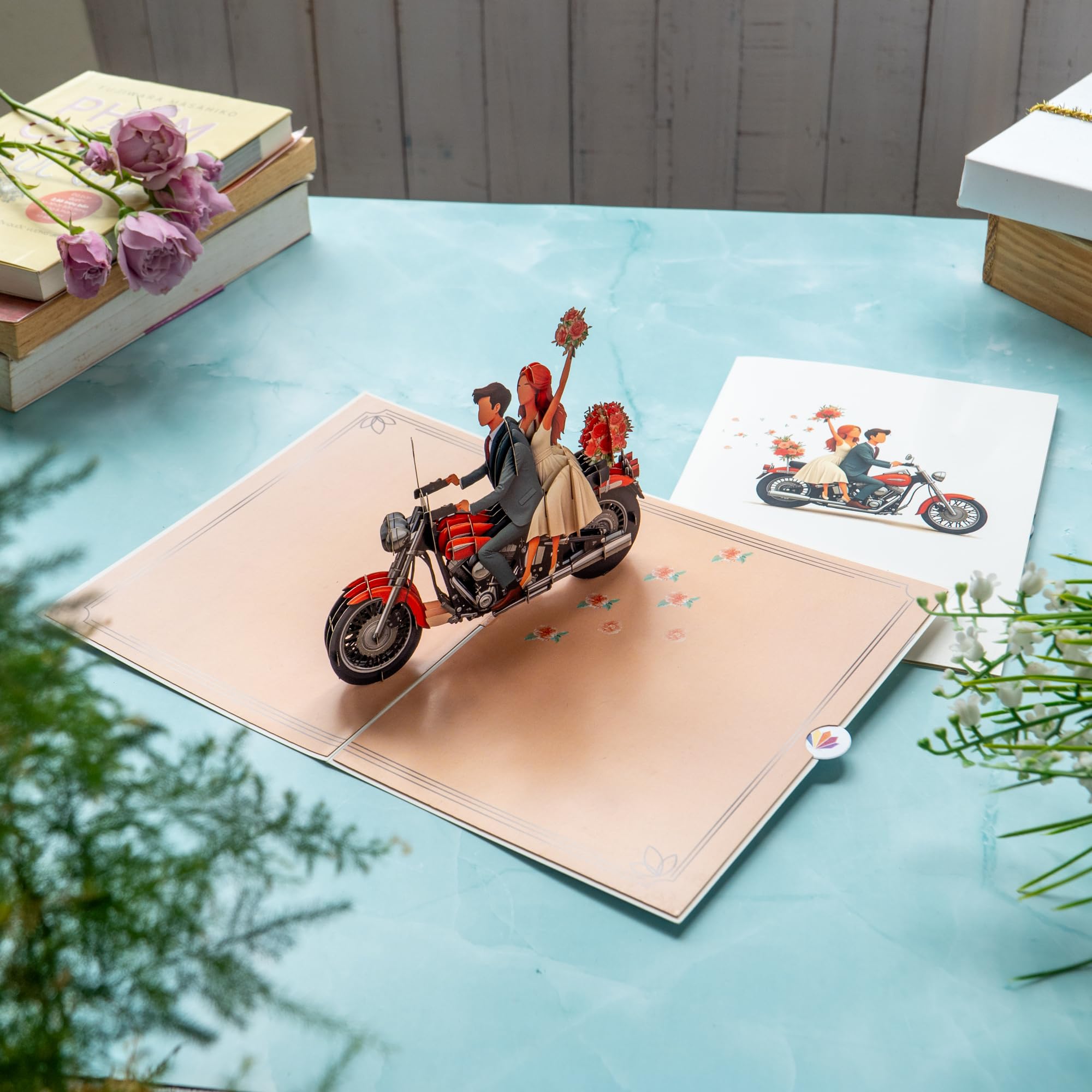 LIMAH Pop-Up Wedding Card - Elegant 3D Card with Motorcycle and Bride and Groom, Original Congratulations Card for Wedding or Engagement - Suitable for Money Gift, Voucher & Honeymoon - Image 4