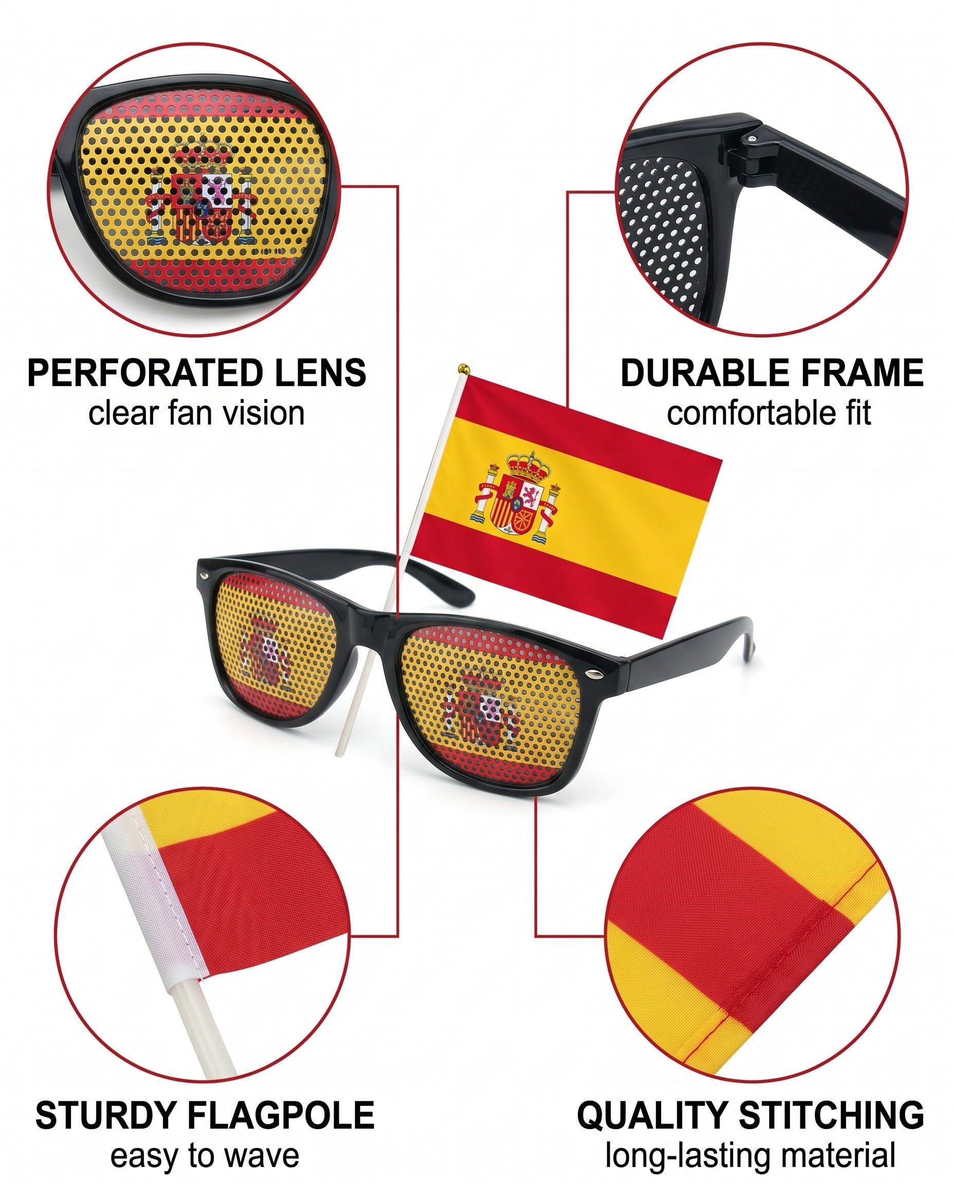 TISCH Set Fan Spagna: 2 Occhiali da Sole, 4 Bandiere 14x21cm per Mondiali, Europei | Outfit Festa & Public Viewing per Tifare la Squadra