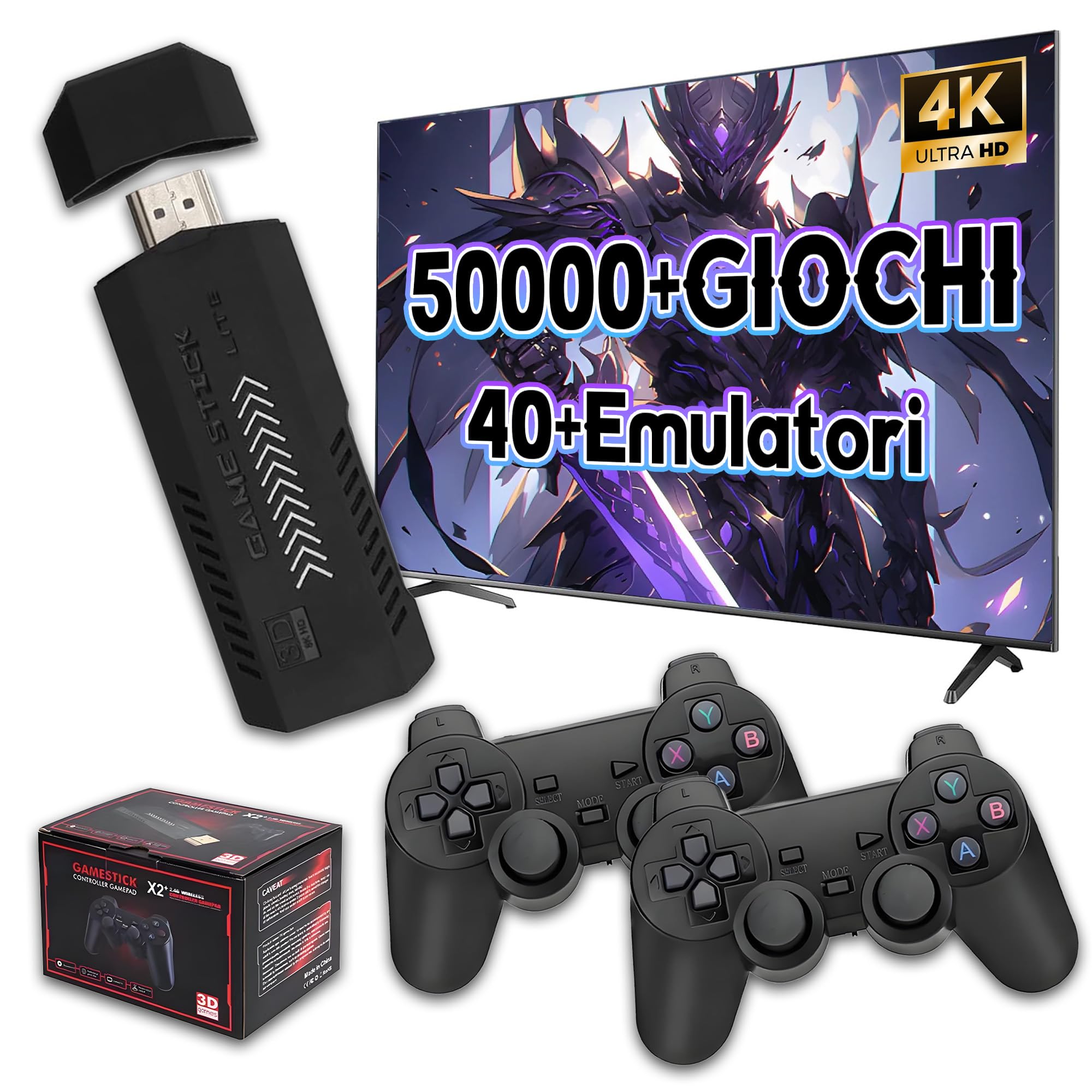 X2 PLUS Console di gioco retrò con uscita 4K HD,oltre 50000 giochi integrati, oltre 40 simulatori,processore quad-core S905L, videogiochi plug and play con 2 controller wireless,TV/computer, 128 GB