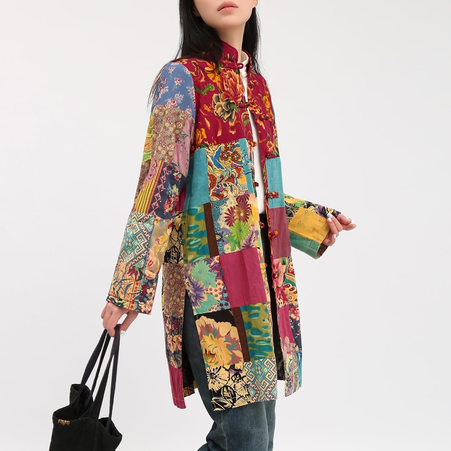 Women's Patchwork Jacket, Boho Floral Lightweight Spring Fall Coat, Artistic Vintage Bohemian Outerwear
