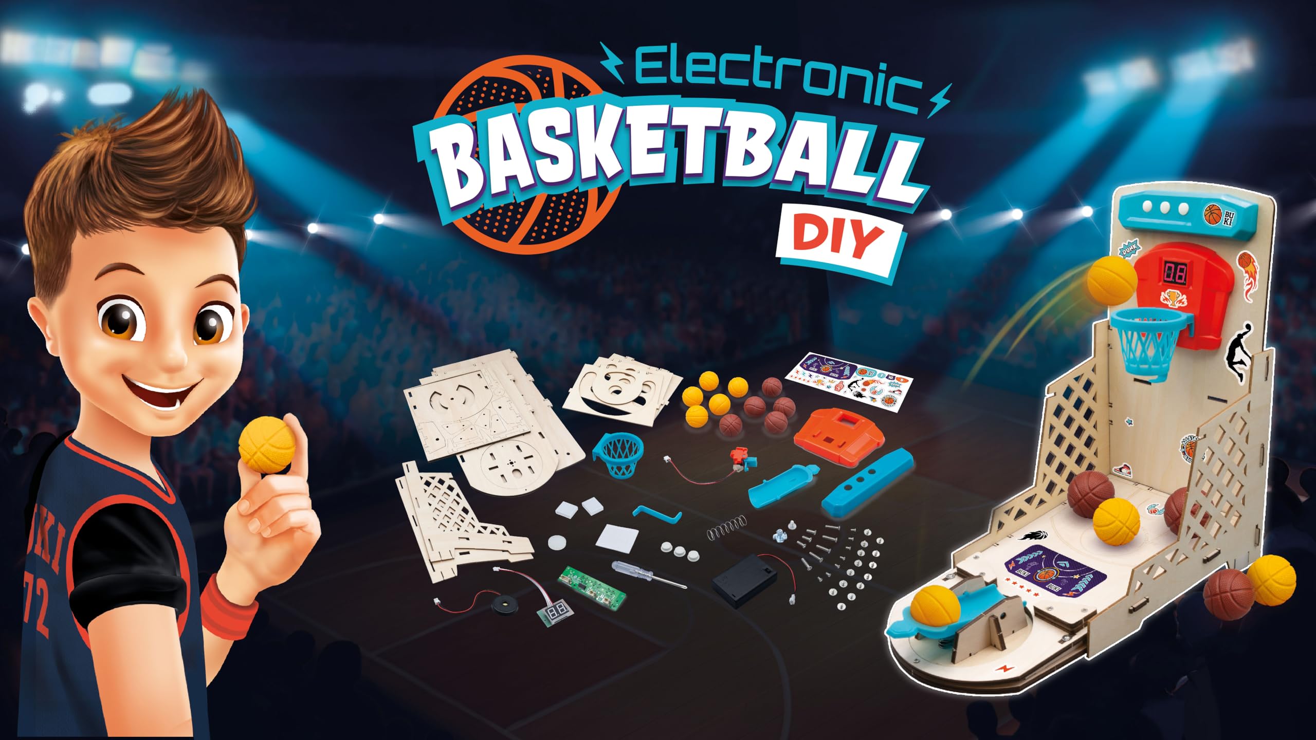 BUKI 2151 - Elektronischer Basketballkorb - DIY-Bausatz ab 8 Jahren – Ohne Löten montieren, 2 Spieler, 3 zusätzliche Geschicklichkeitsspiele enthalten – Maße 32×18×32 cm