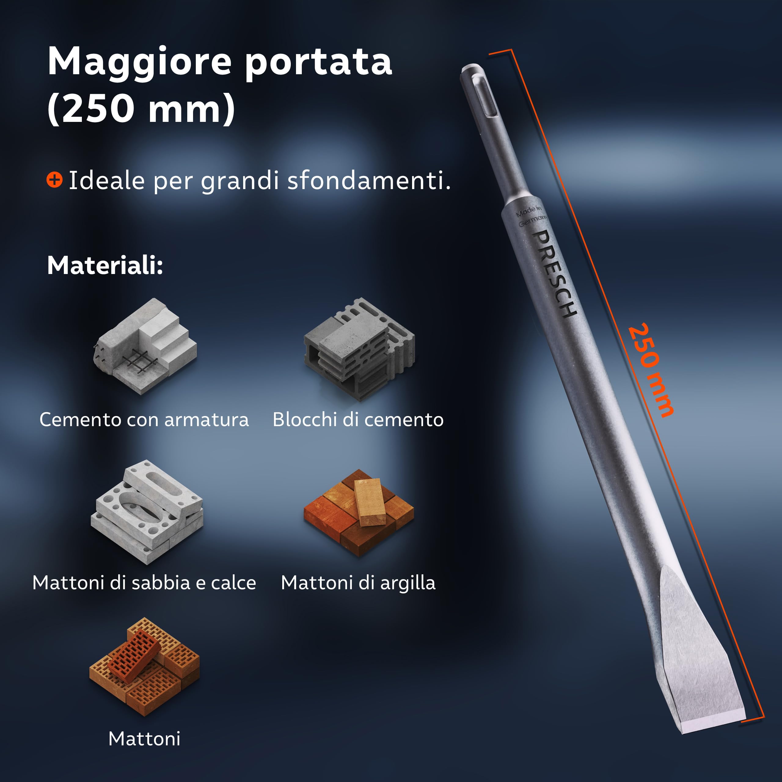 PRESCH SDS plus Scalpello piatto - Tagliente largo 20 mm, estremamente robusto e durevole - Per tutti i lavori di demolizione (lunghezza 250 mm) - Acciaio ad alte prestazioni per colpi potenti