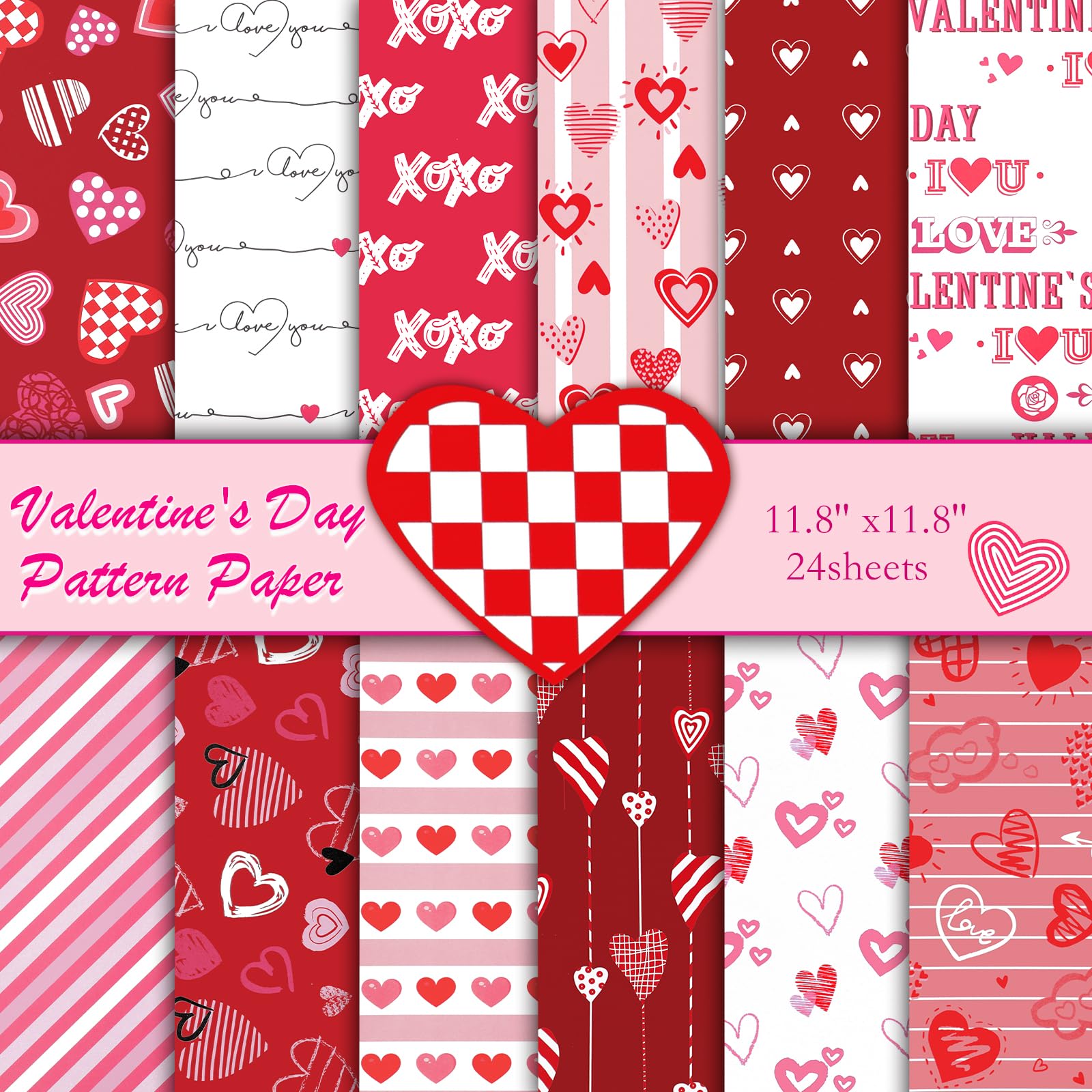 Konsait 24 Sheets Valentines Day Scrapbook Paper 12x12 Double Sided Decorative Cardstock Craft Paper for Card Making Anniversaries Pink Patterned