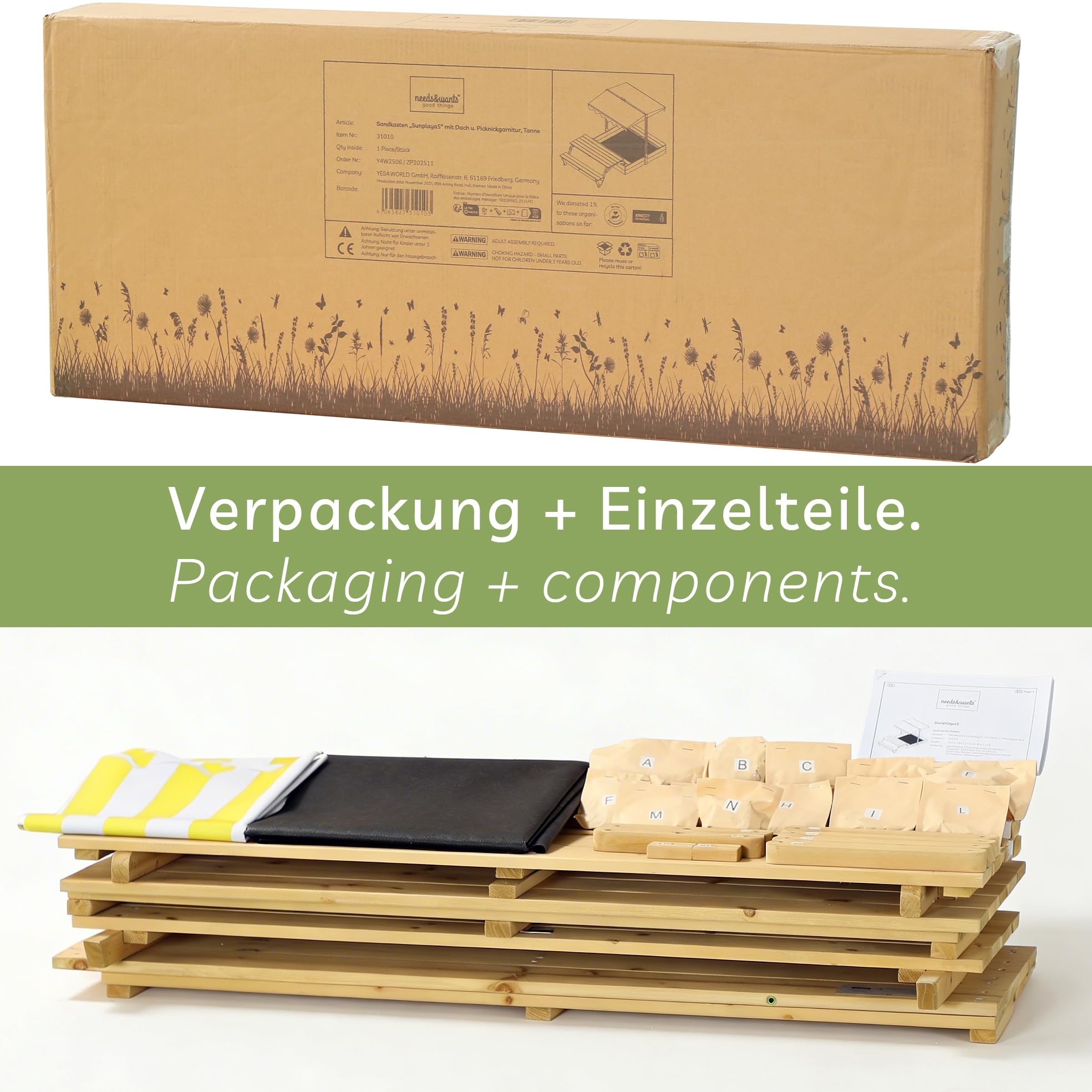 needs&wants® Bac à sable en bois avec table de pique-nique et toit, bancs et couverture, bac à sable pour enfants avec couvercle rabattable, protection UV, bac à sable carré pour jardin et aire de