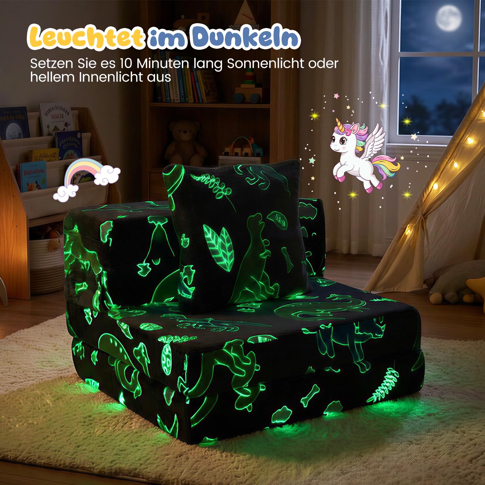 COSTWAY 3 in 1 Kindersofa im Dunkeln Leuchtend, Kindersessel ausklappbar mit Kissen & abnehmbarem Bezug, Kindercouch gepolstert mit Schlaffunktion, Spielsofa umwandelbar für Kinderzimmer (Grau)