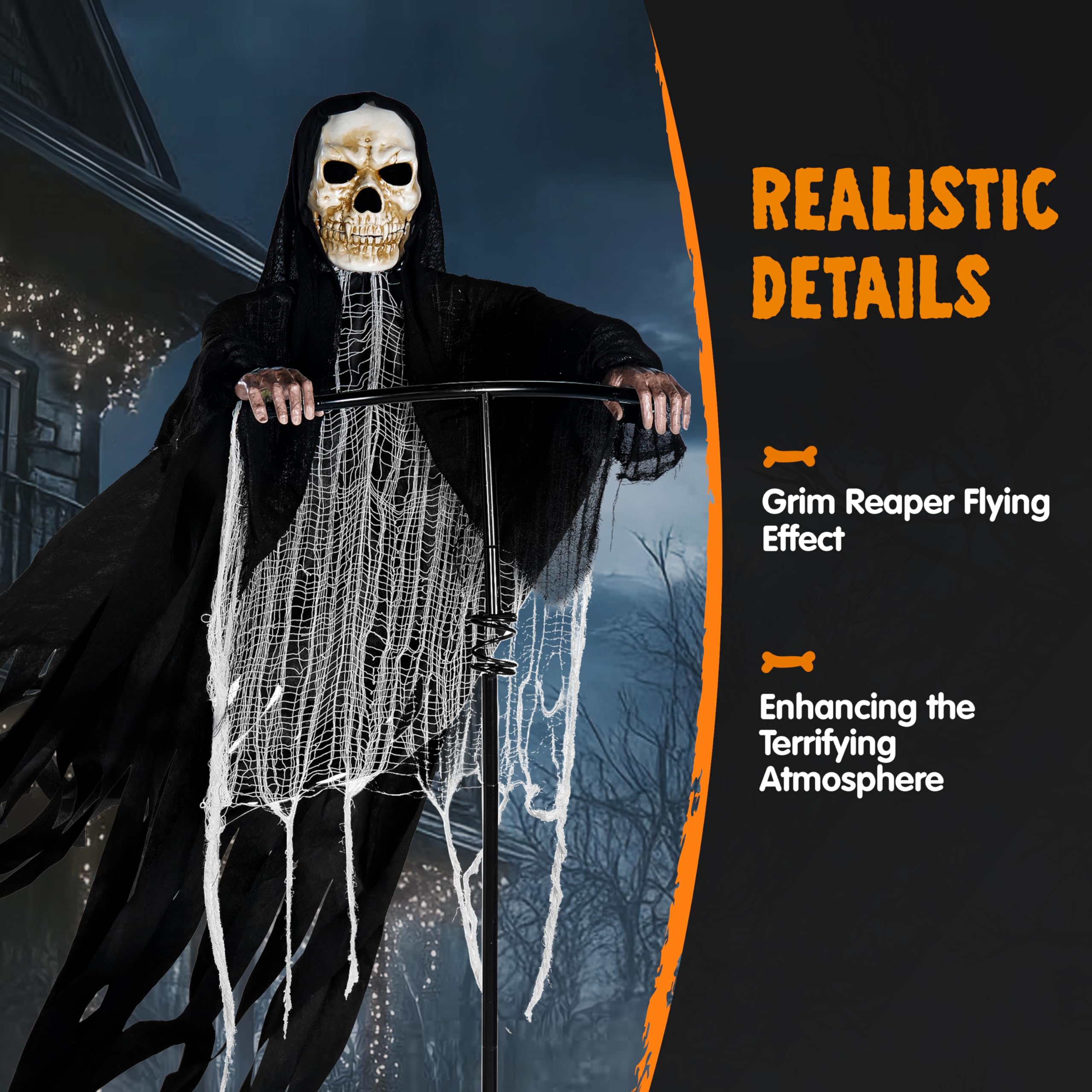 JOYIN Halloween Sensenmann Dekoration 180CM, drehbare Fliegende Schrei-Vogelscheuche, Skelett-Geister-Dekoration für Außen, geeignet für Frihof, Spukhaus, Garten, Veranda, Rasen