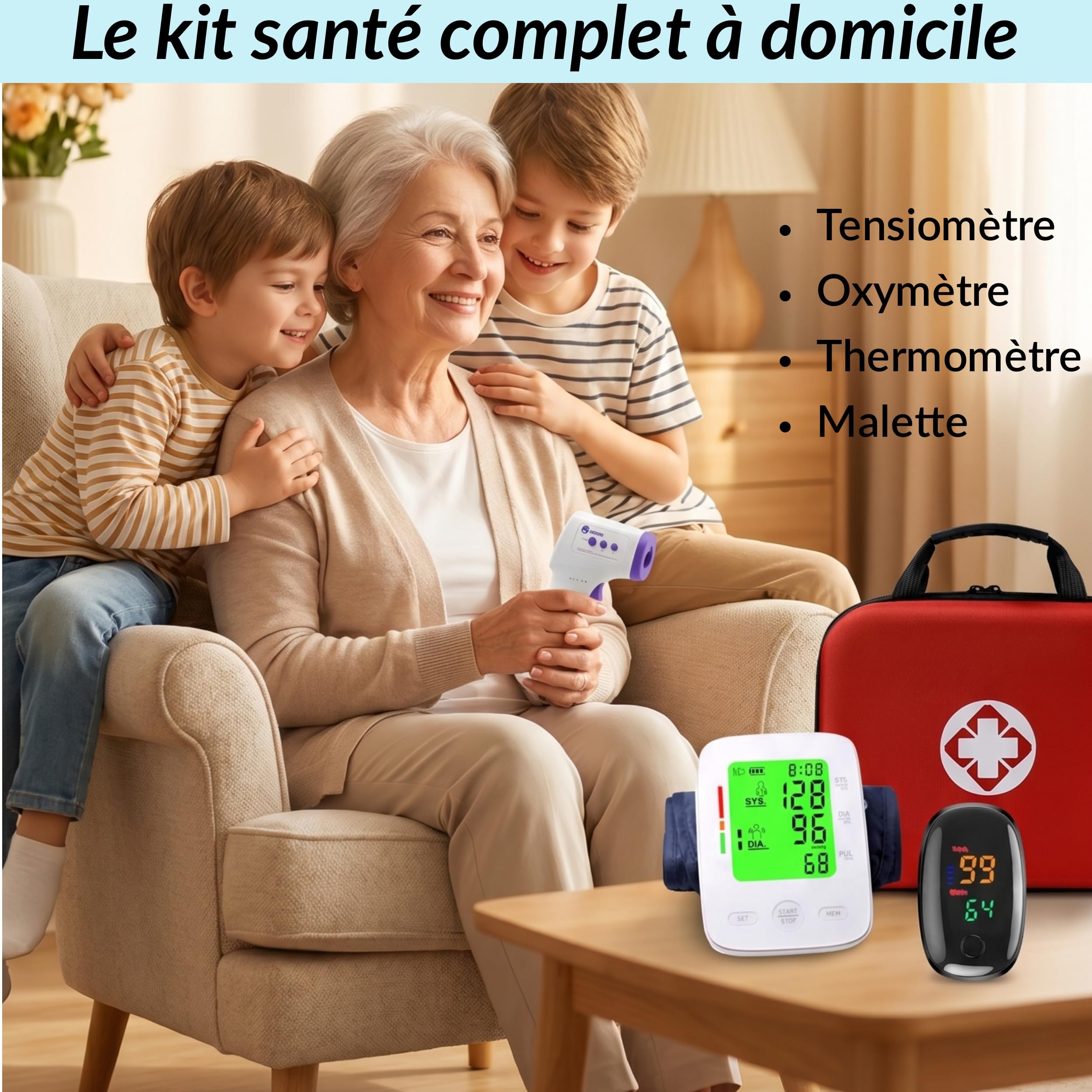 Tensiomètre Bras Électronique + Oxymètre de Doigt + Thermomètre Frontal – Kit Santé à Domicile 3en1 avec Mallette Rigide – Grands Écrans – Pack Surveillance Tension & Température– Seniors & Famille