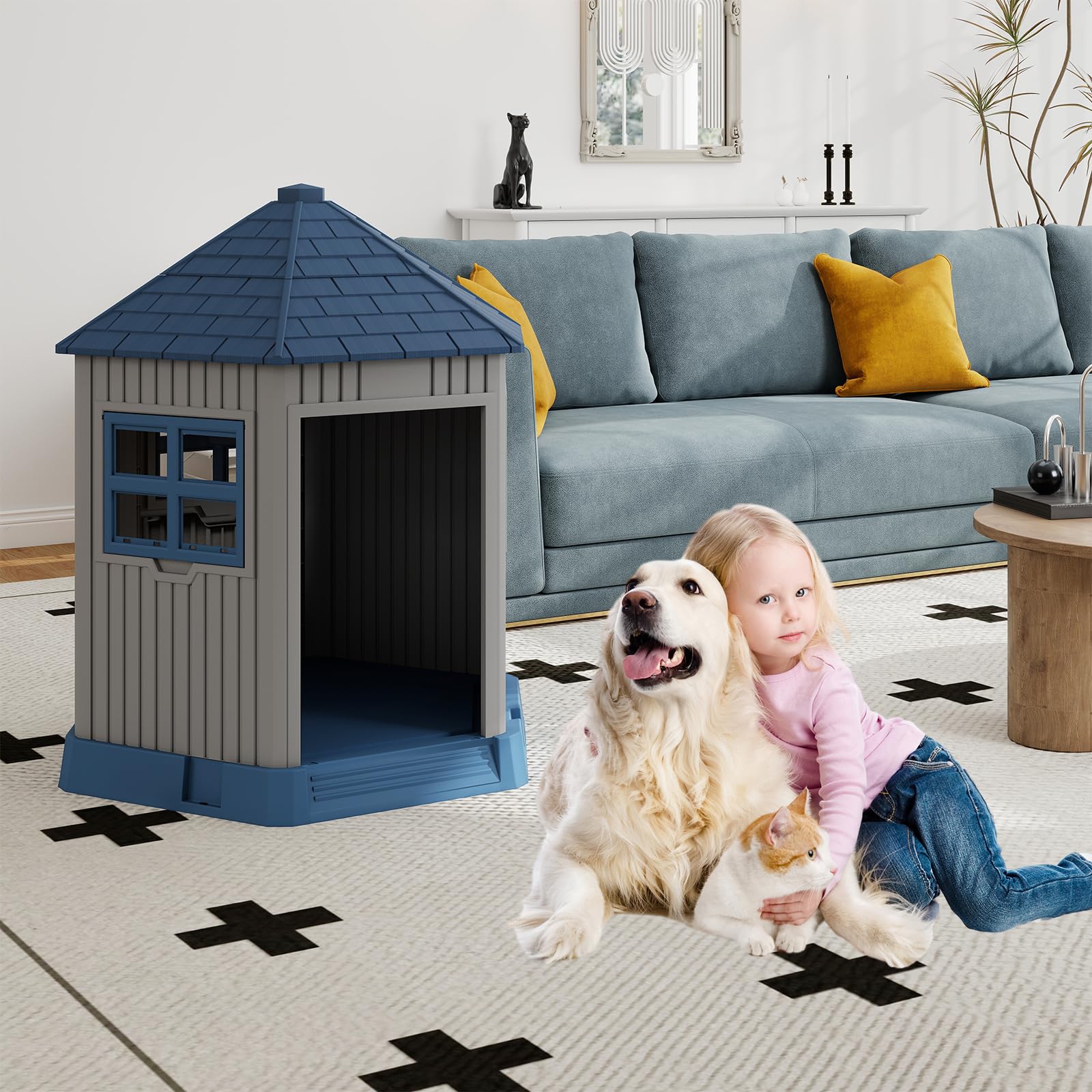 COSTWAY Caseta Perros Exterior de Plástico, 76x90x96 cm, Casa para Perros Grande con 2 Ventanas y Claraboya, Techo Inclinado, Entrada Amplia, Impermeable, Caseta para Perro en Forma de Granero
