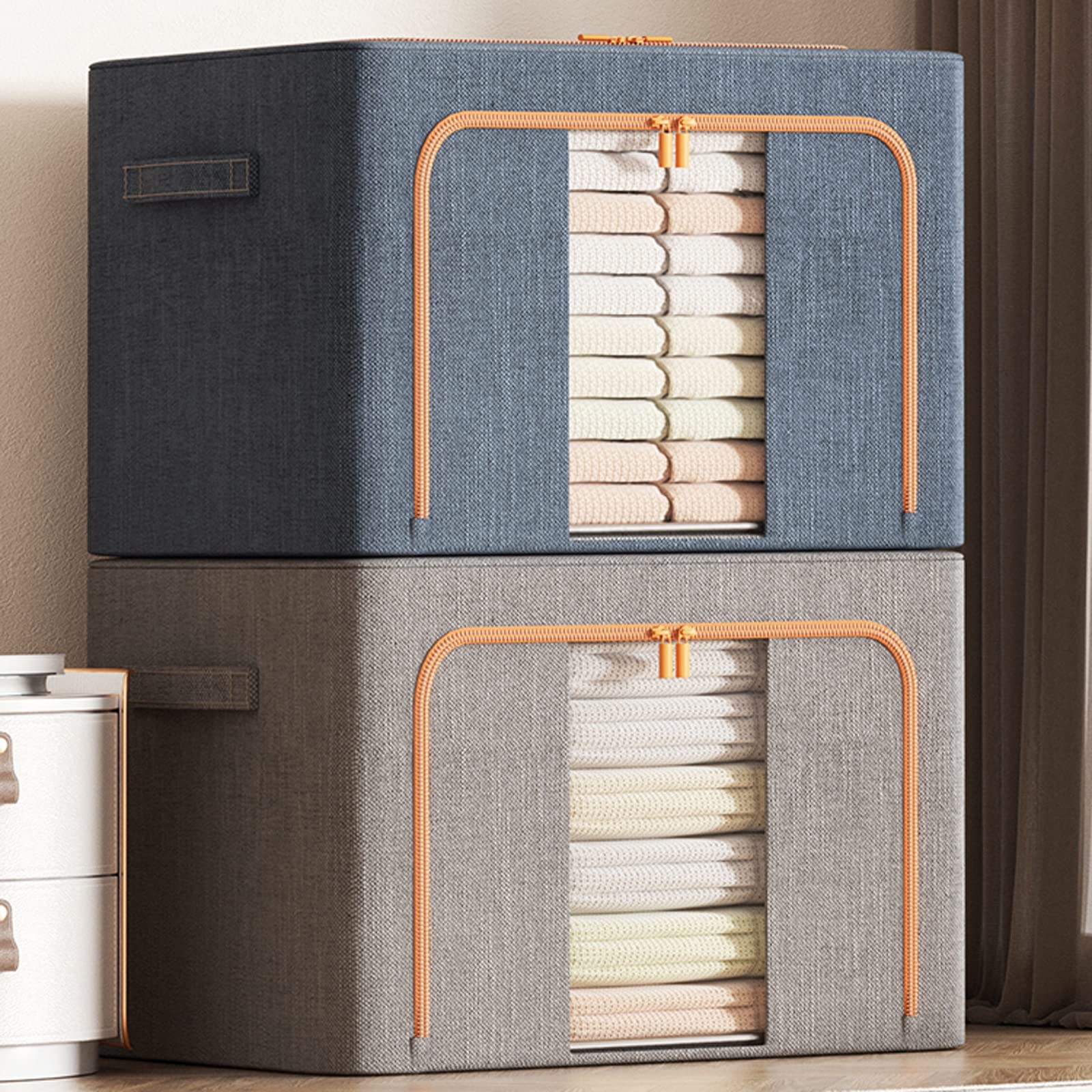 24L Borse portaoggetti blu per vestiti con coperchi: organizer per piumino, chiusura con cerniera, finestra trasparente - Contenitori pieghevoli