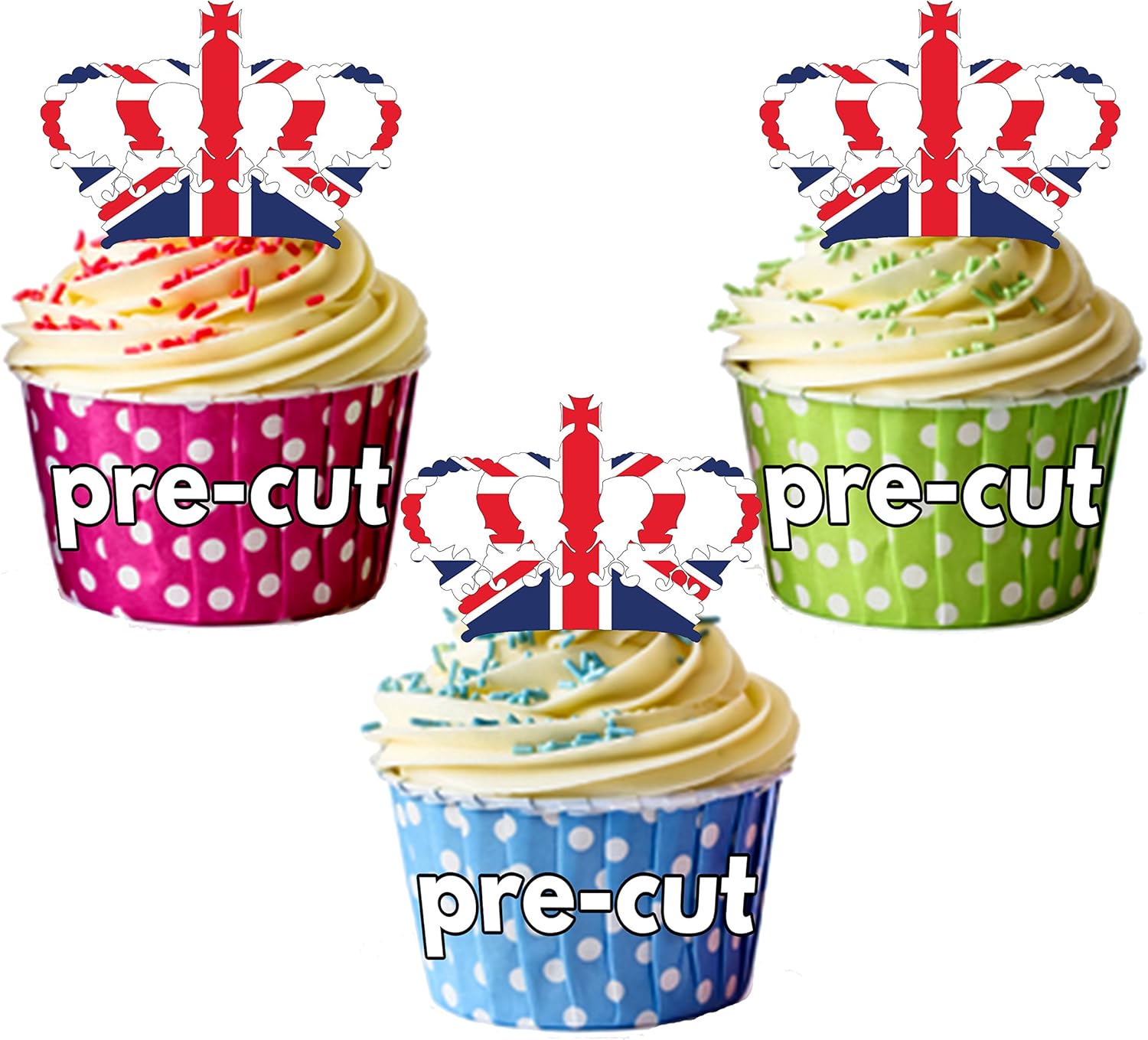 PRECUT Union Jack Crowns Royal Edible Cupcake Toppers/Cake Decorations King Coronation (pack of