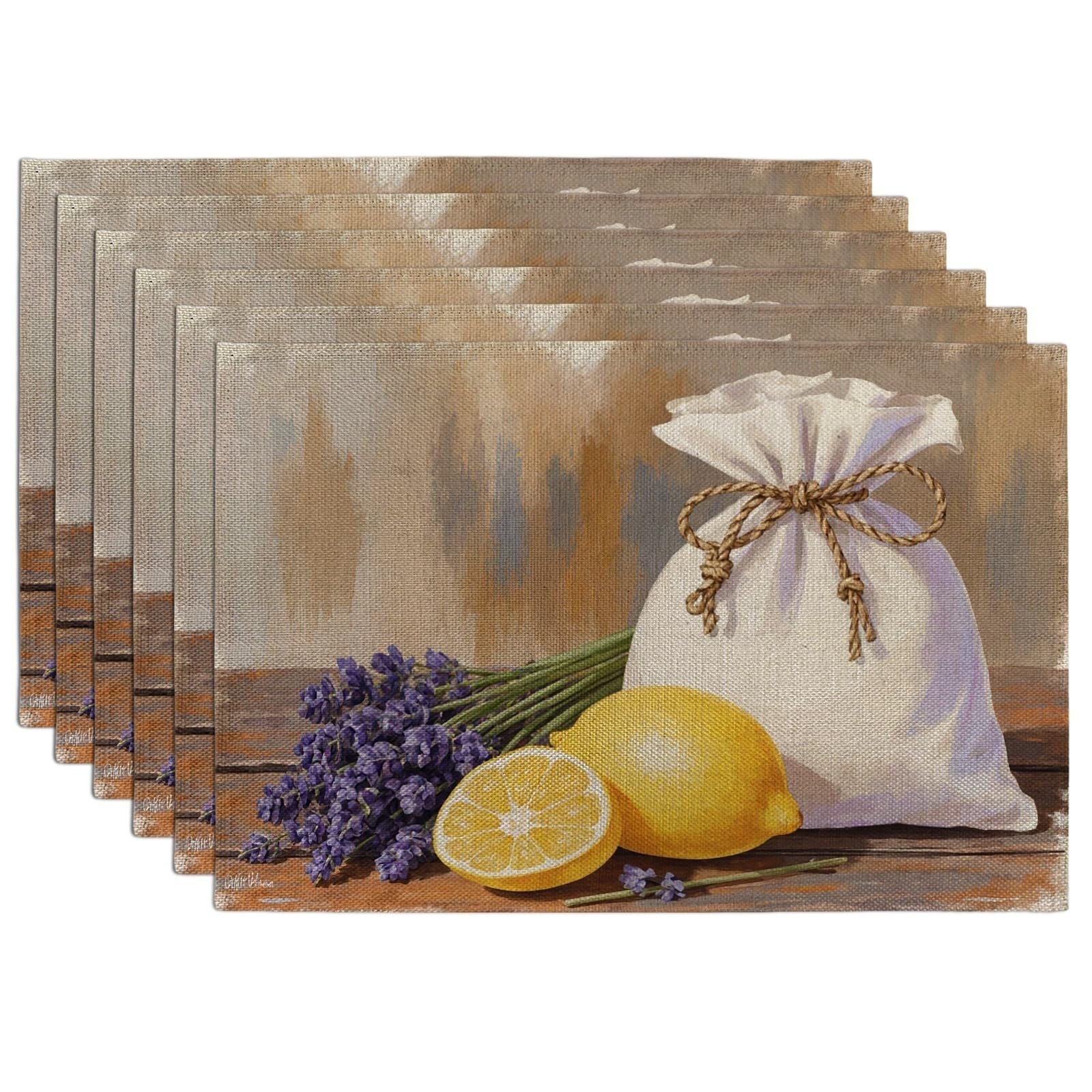 Lavender Lemon Placemats, Rustic Farmhouse Floral Place Mats for Dining Table, Summer Kitchen Non-Slip Washable Indoor Outdoor Decorative Placemat Set of 6