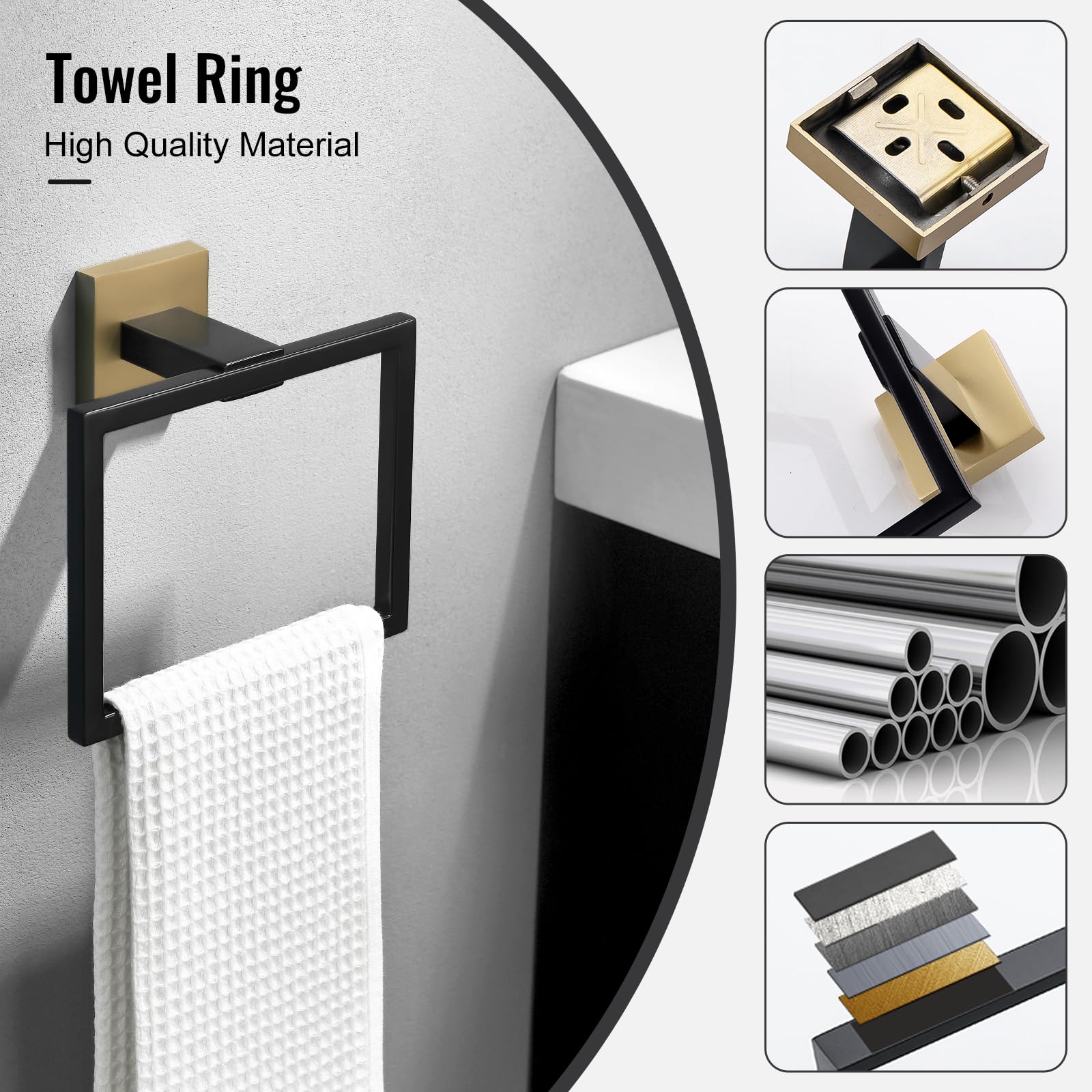 YACVCL Towel Holder Bathroom Towel Ring, Black & Gold Hand Towel Bar, Stainless Steel Towel Rack Wall Mounted - Image 3