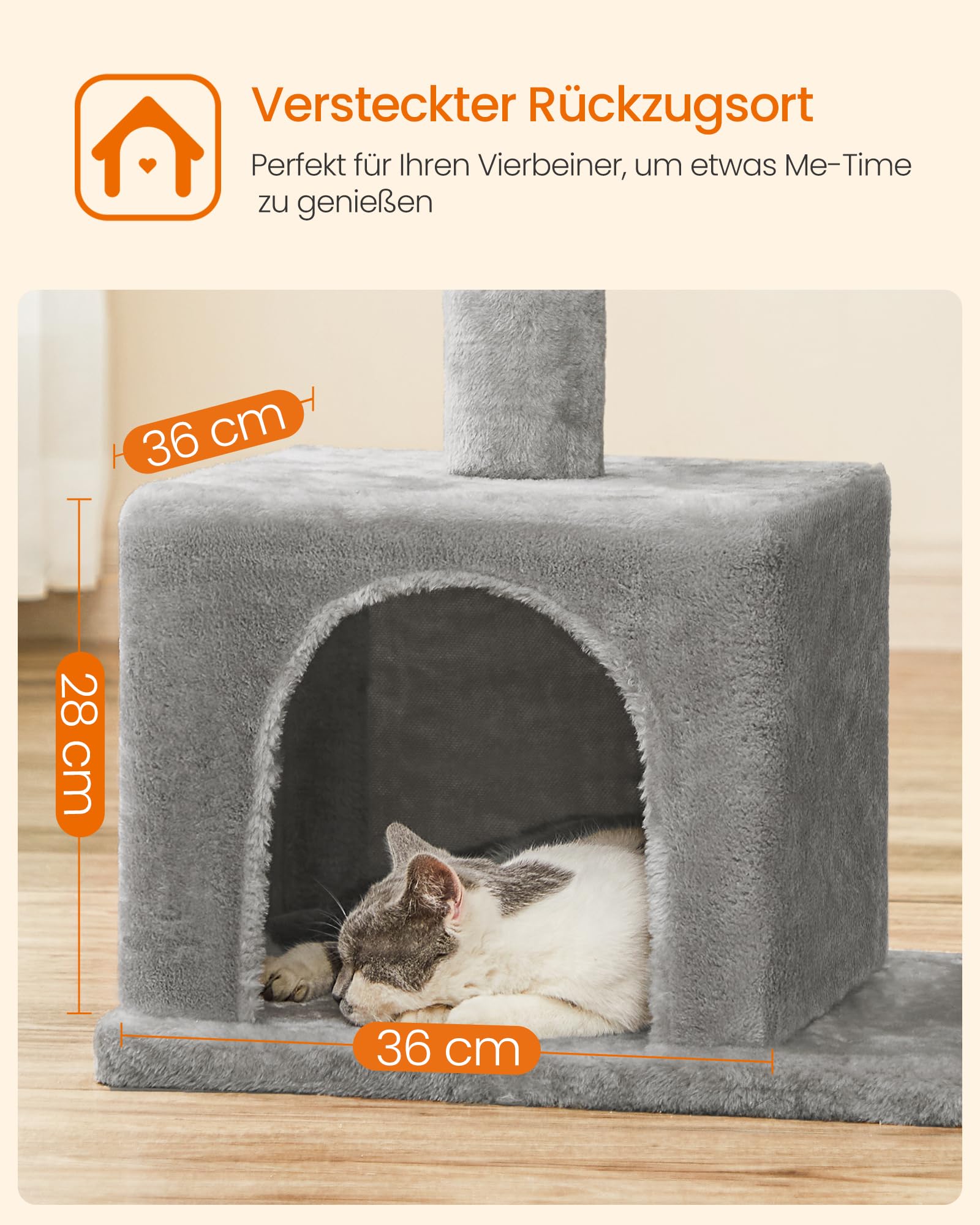 Feandrea Kratzbaum, 84 cm Katzenbaum, L, Katzenhaus für große Katzen bis zu 7 kg, große Plattform, 2 Katzenhöhlen, Sisalstämme, hellgrau PCT61W
