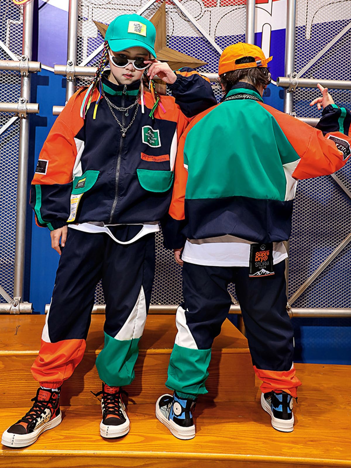 Lolanta Completo Hip Hop per Bambini 2 Pezzi, Tuta da Danza con Giacca a Zip e Pantaloni Jogger, Stile Retrò Color Block Streetwear Unisex