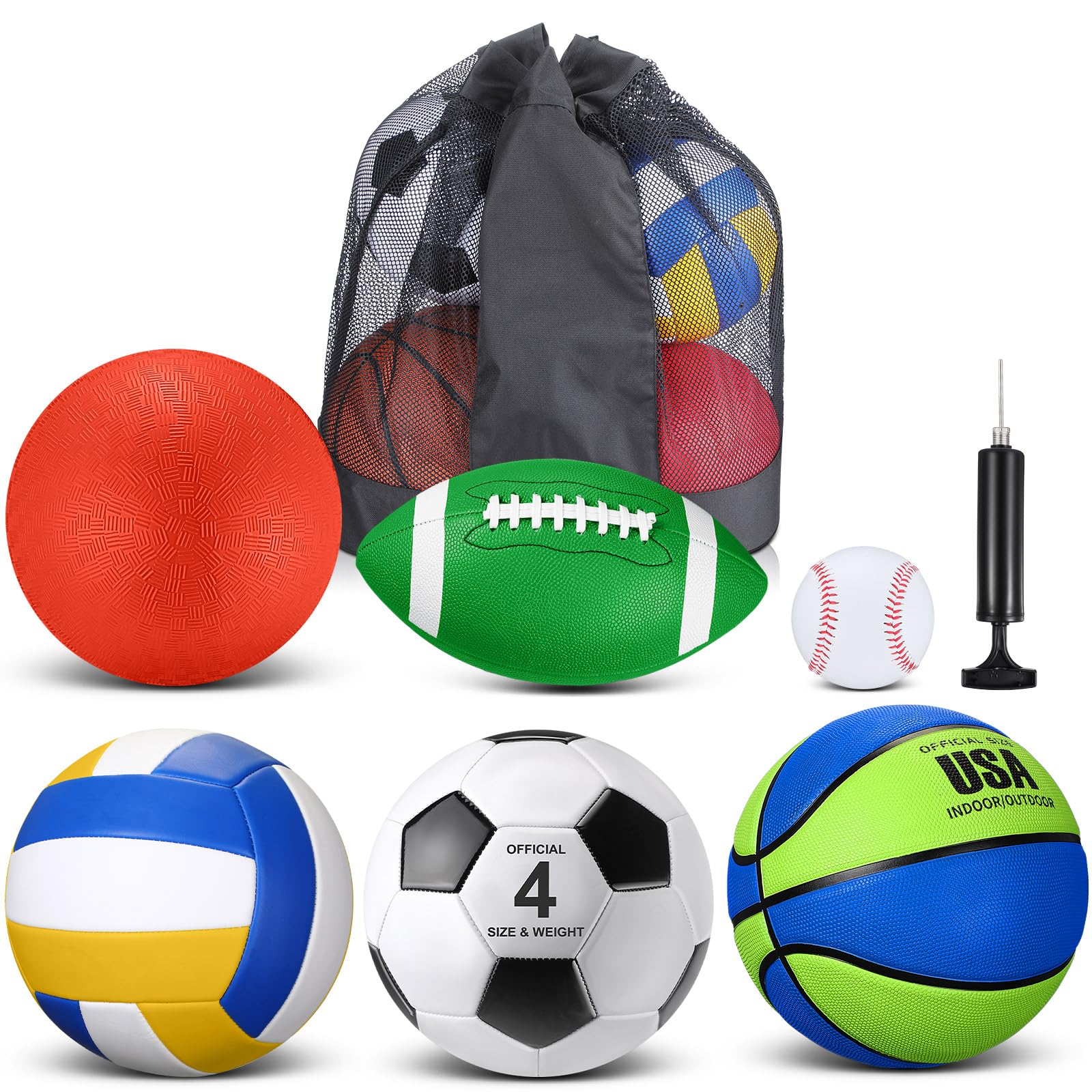Realspring 6-teiliges Multi-Sportball-Set für Kinder, Teenager, offizielle Größe, Fußball, Basketball, Fußball, Volleyball, Spielplatzball, Baseball mit Sportausrüstungstasche, Pumpe