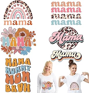Whaline 6 Sheets Mama Boho Iron On Transfers Patches Rainbow Flower Leopard Mom Theme Vinyl Heat Transfer Cute Mothers' Day Iron On Decal Patches for T-Shirts Jeans Clothing Fabric DIY Craft Decor