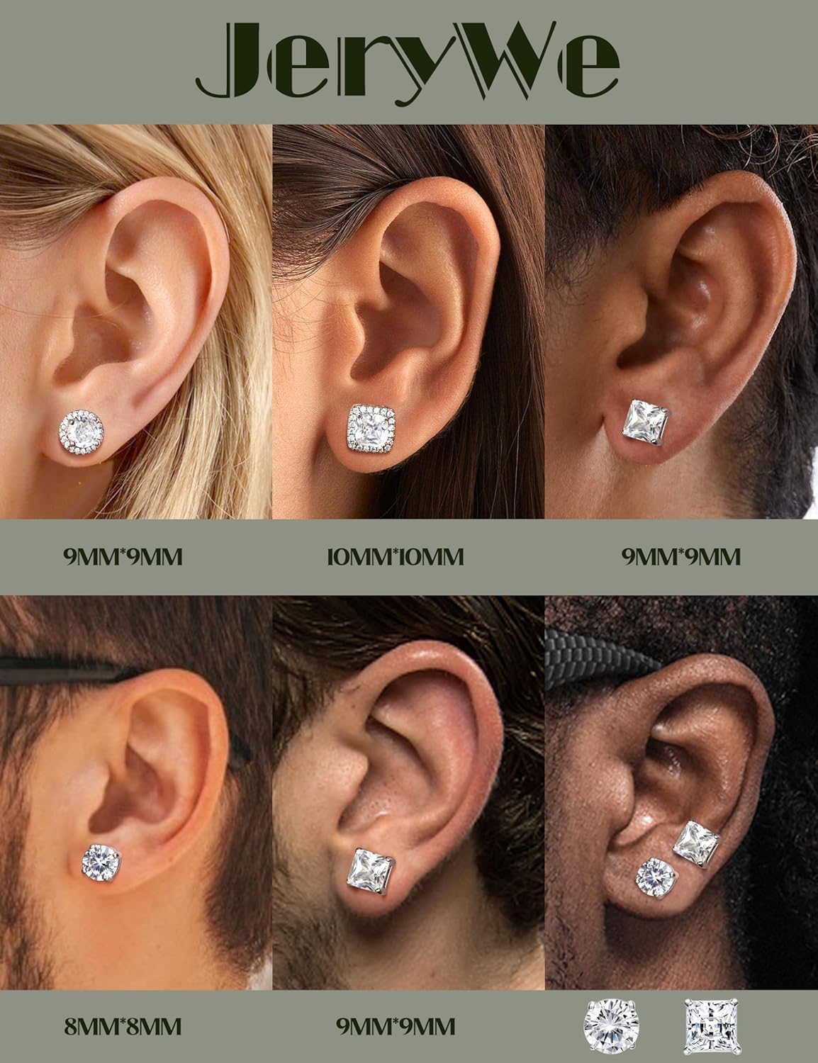 JeryWe 5 Pairs 316L Surgical Steel Cubic Zirconia Stud Earrings for Women Men Hypoallergenic CZ Earring Stacks Brilliant Simulated Square Round Teardrop Halo Earrings for Women Trendy - Image 6