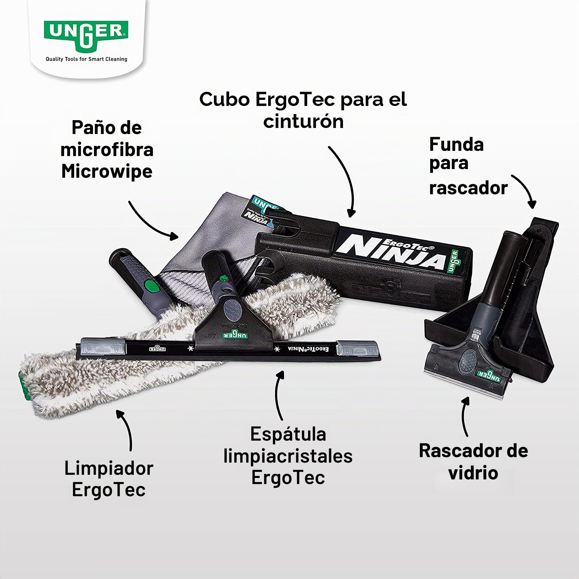 UNGER ErgoTec - Juego completo de limpieza de ventanas Ninja 6 en 1 (limpiador de 35 cm, limpiador de ventanas de 35 cm, paño de microfibra, raspador de cristal, funda, depósito en un cinturón,