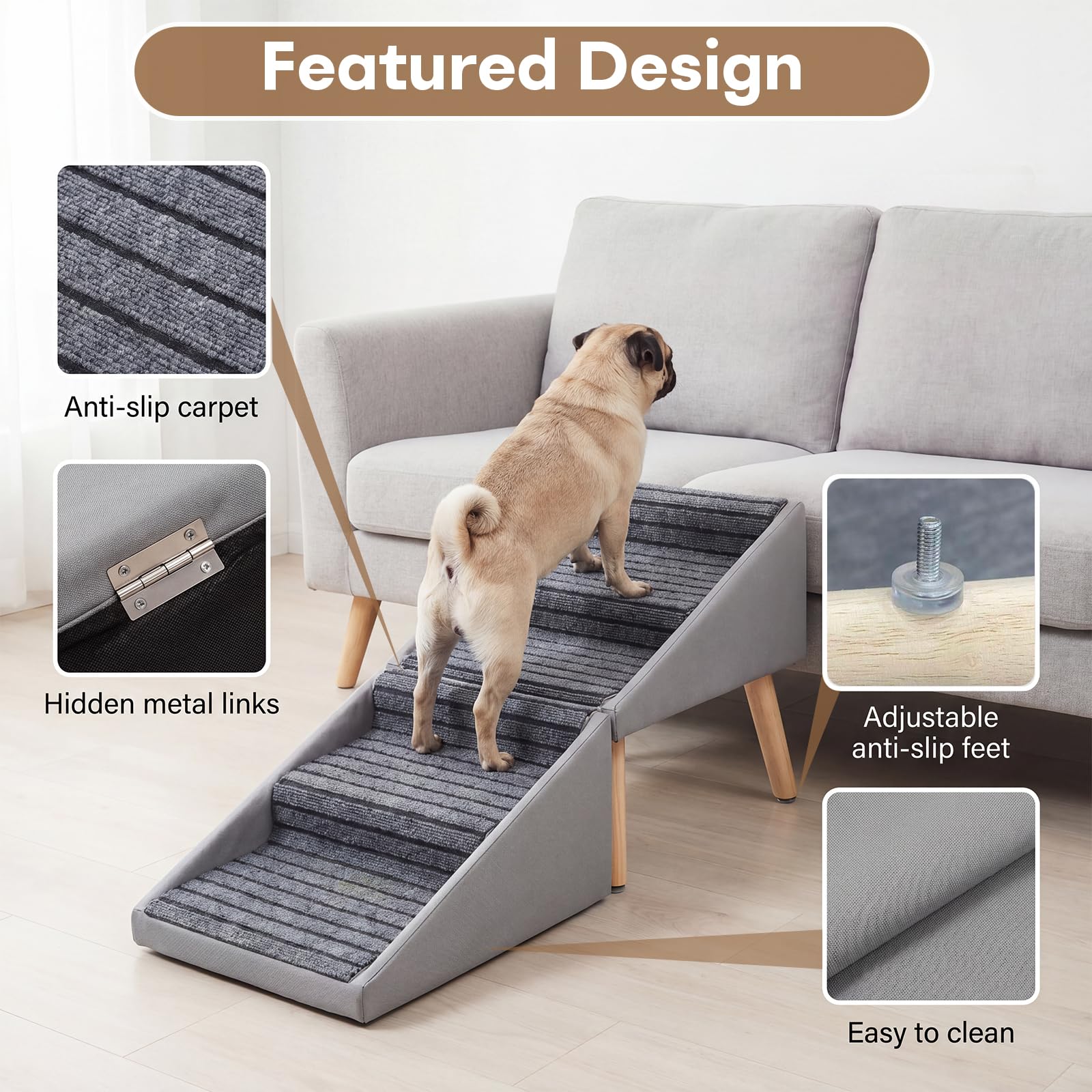 Scaletta per cani, Rampa per cani Antiscivolo e Pieghevole in Legno, Altezza 42,5 cm, Scaletta 2 in 1 per cagnolini e gatti, Adatta per Letto e Divano,scalette per cane,Grigio chiaro