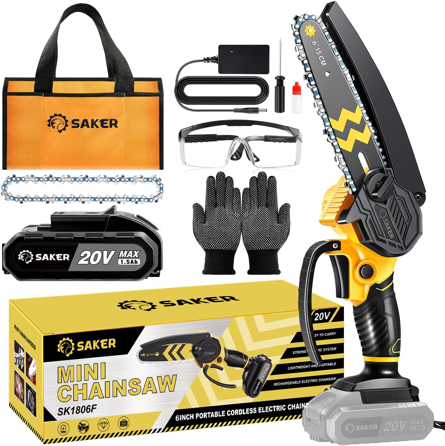 Saker Mini Chainsaw Cordless 6-Inch-Switch Security Lock-Cordless Power Chain Saws-Handheld Small Chainsaw for Cutting Wood Trimming and Woodworking- Mini Chain Saw Cordless with 1 Battery