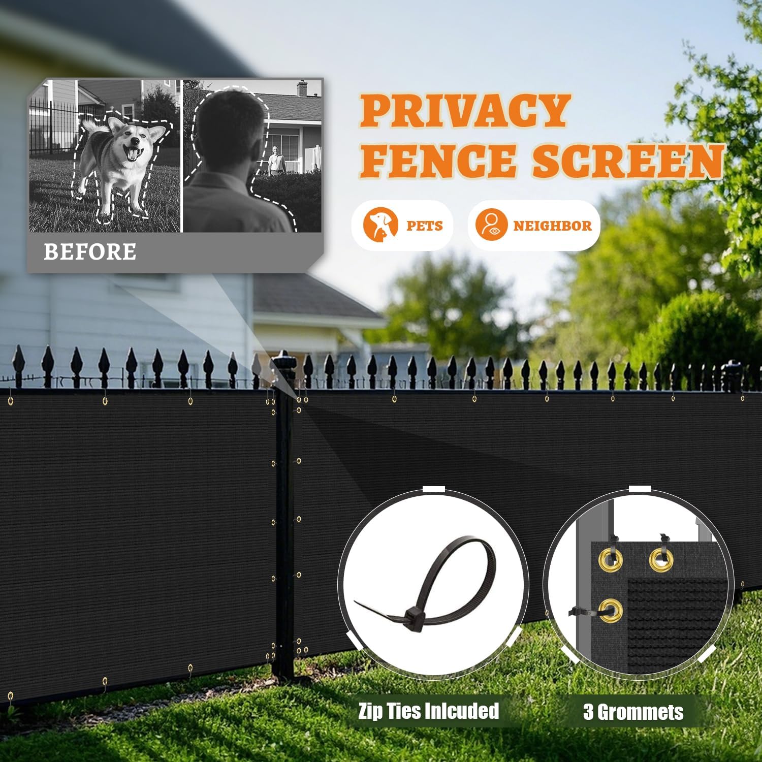 4' x 19'10" Privacy Fence Screen with Brass Grommets Heavy Duty Fencing Cover Windscreen Mesh Shade Net Cover Zip Ties Included for Backyard Garden Patio Outdoor, Black