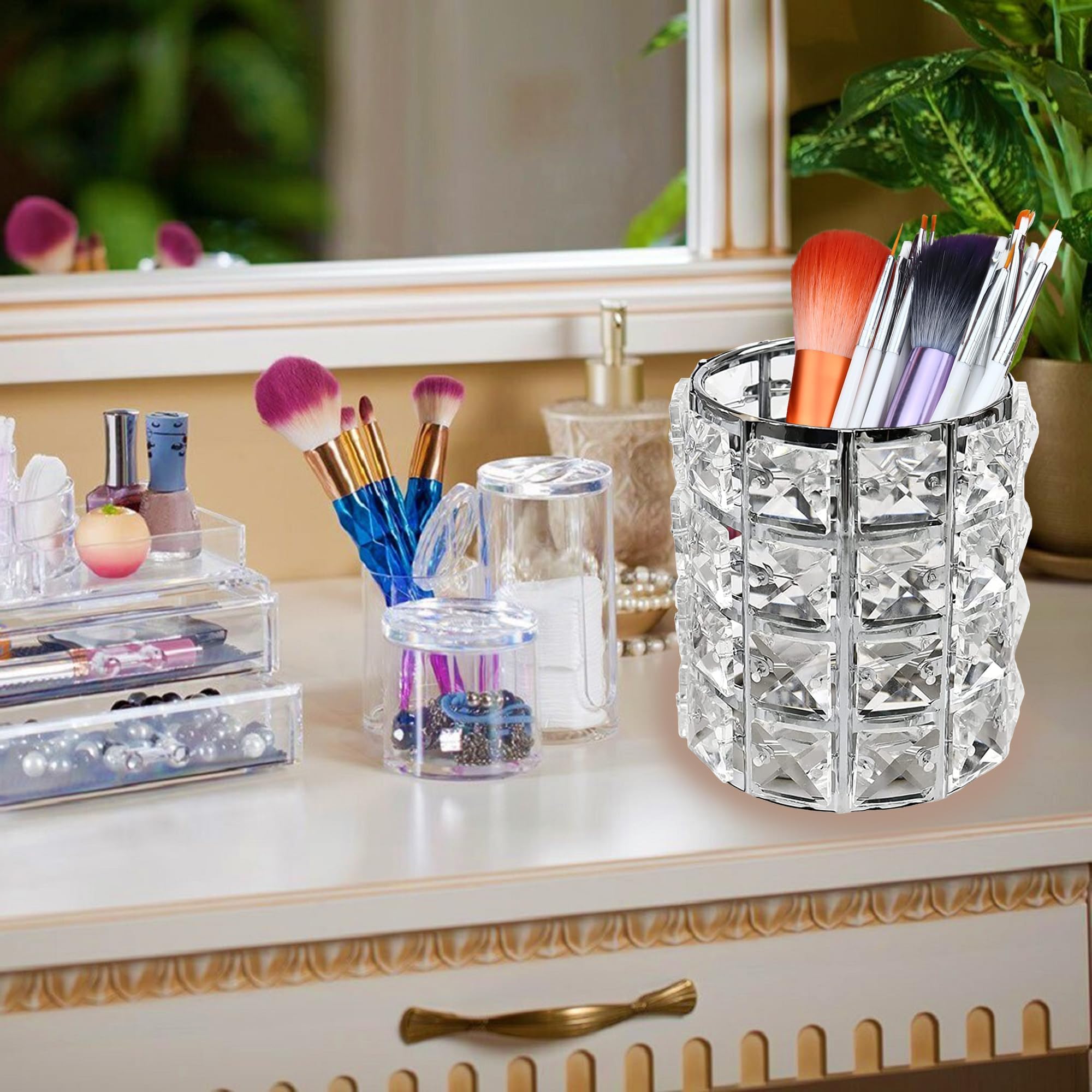 Barril de Cepillo de Cristal,Organizador de Maquillaje de Cristal,Porta Brochas de Maquillaje Cepillos Cosméticos Almacenamiento Soporte Portacepillos de Maquillaje(Plata)