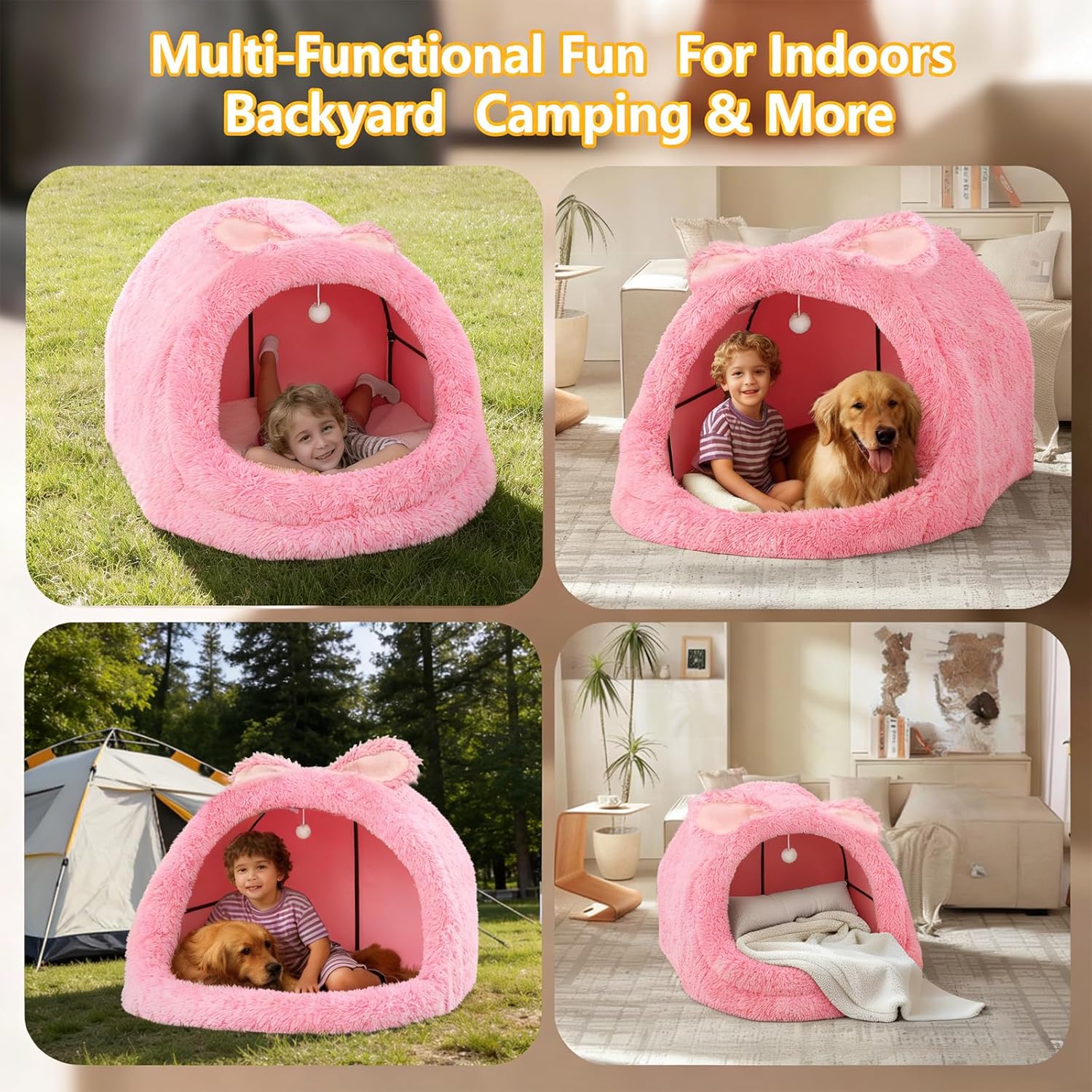 Human Dog Bed for Adults, Extra Large XXL Dog Bed for Humans, Cats & Pets, Giant Human Size Dog Bed with Removable Pillow & Blanket, Machine Washable, Cute Bunny Ear Design, 55"x43"x35", Pink