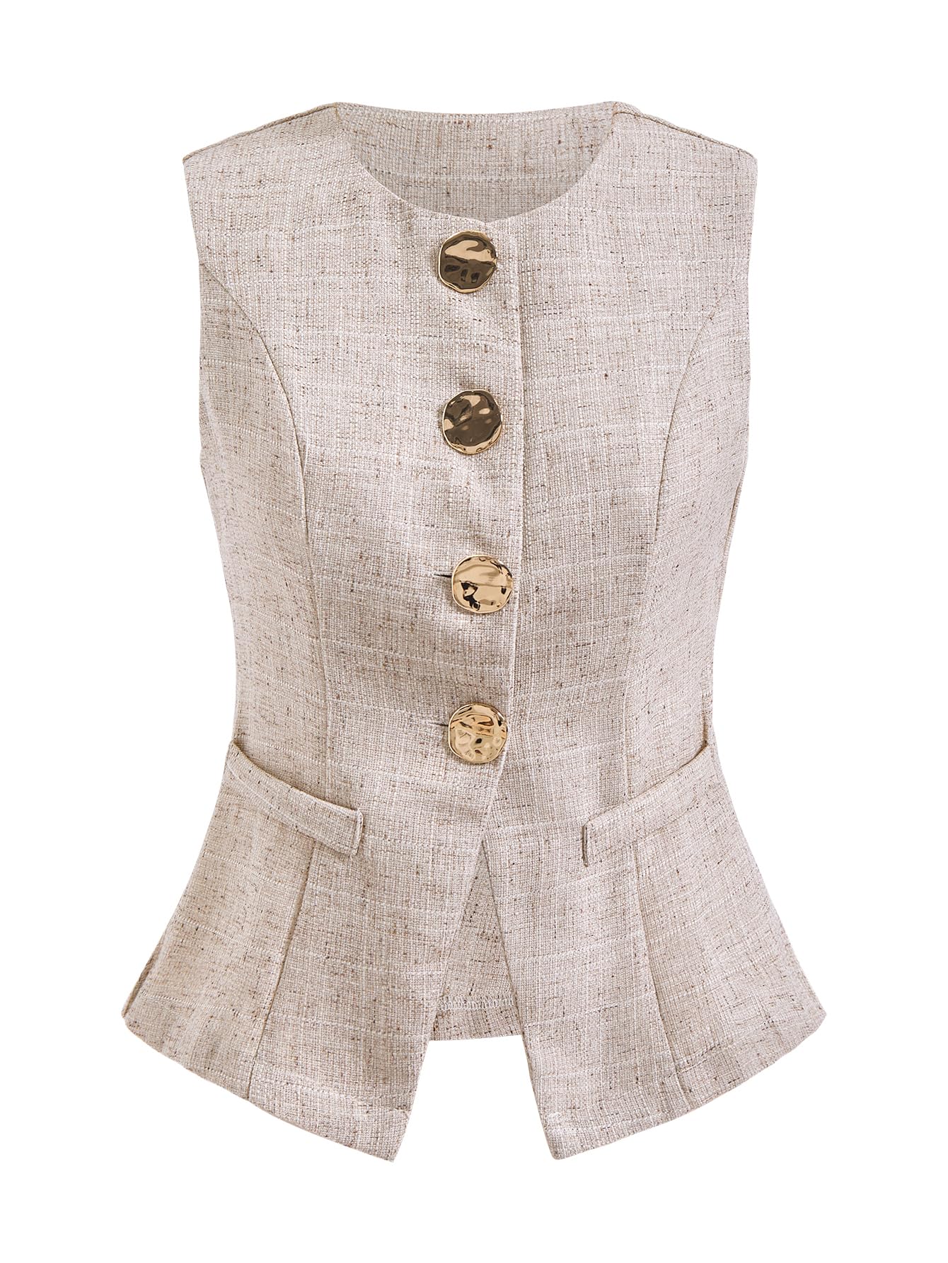 Womens Summer Button Up Blazer Vest Elegant Crew Neck Sleeveless Business Work Waistcoat