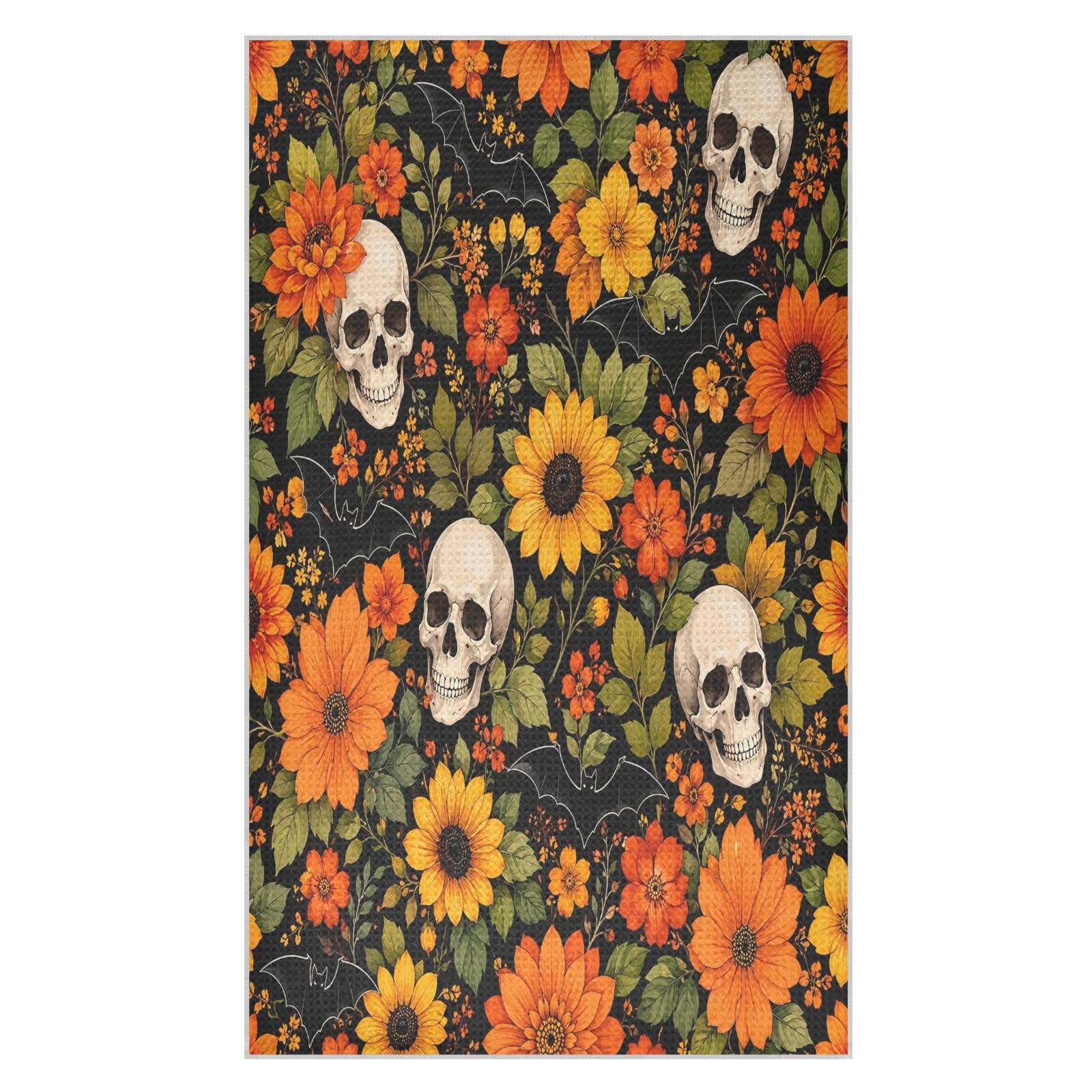 Lyeorm Skull Sunflower Halloween Waffle Weave Kitchen Towels 18x30 Inch Soft Absorbent Microfiber Dish Cloths