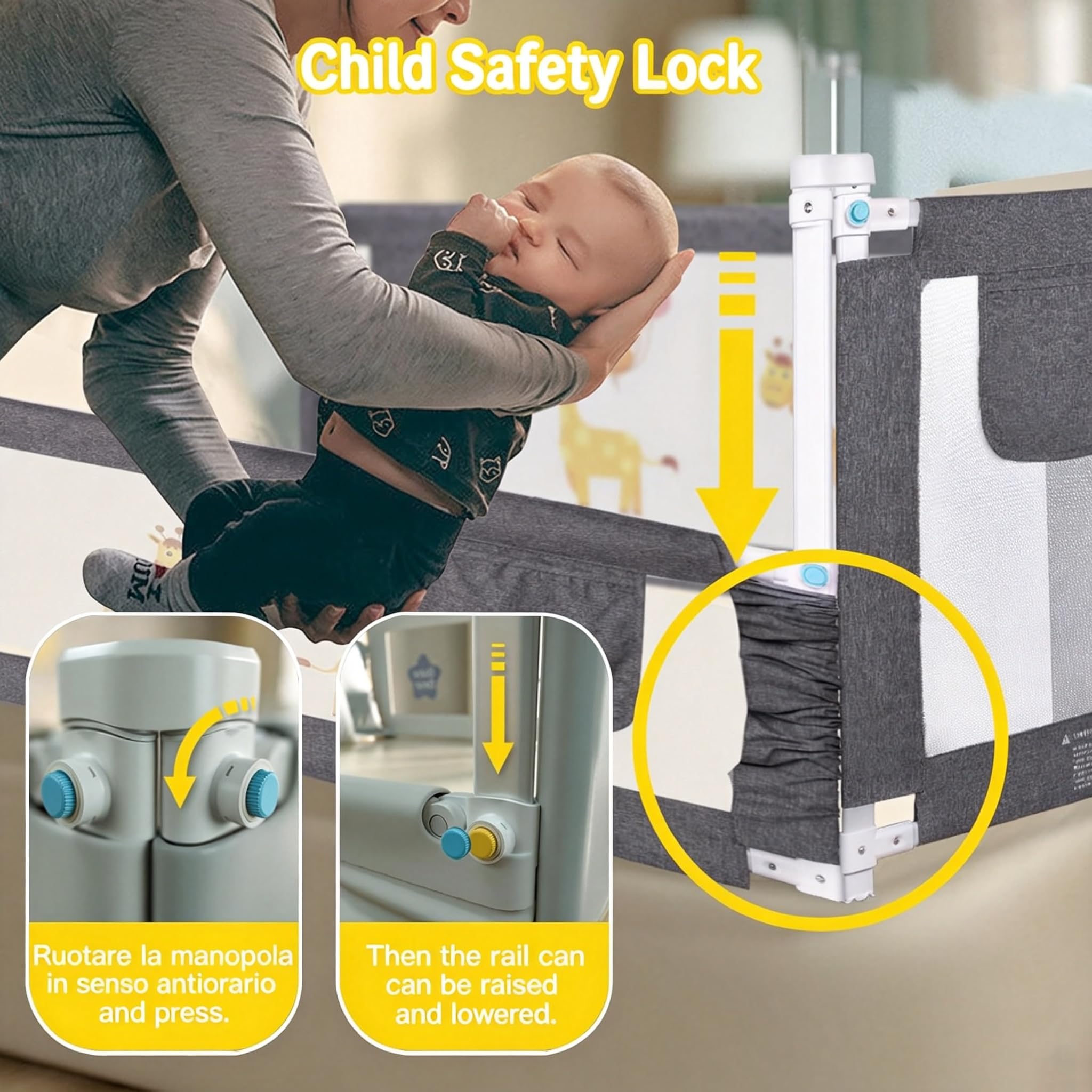 Sponda di protezione per letto da 1,5 m/1,8 m/2 m, per letto per bambini, per letto singolo, matrimoniale, king size, altezza regolabile 1,8 m