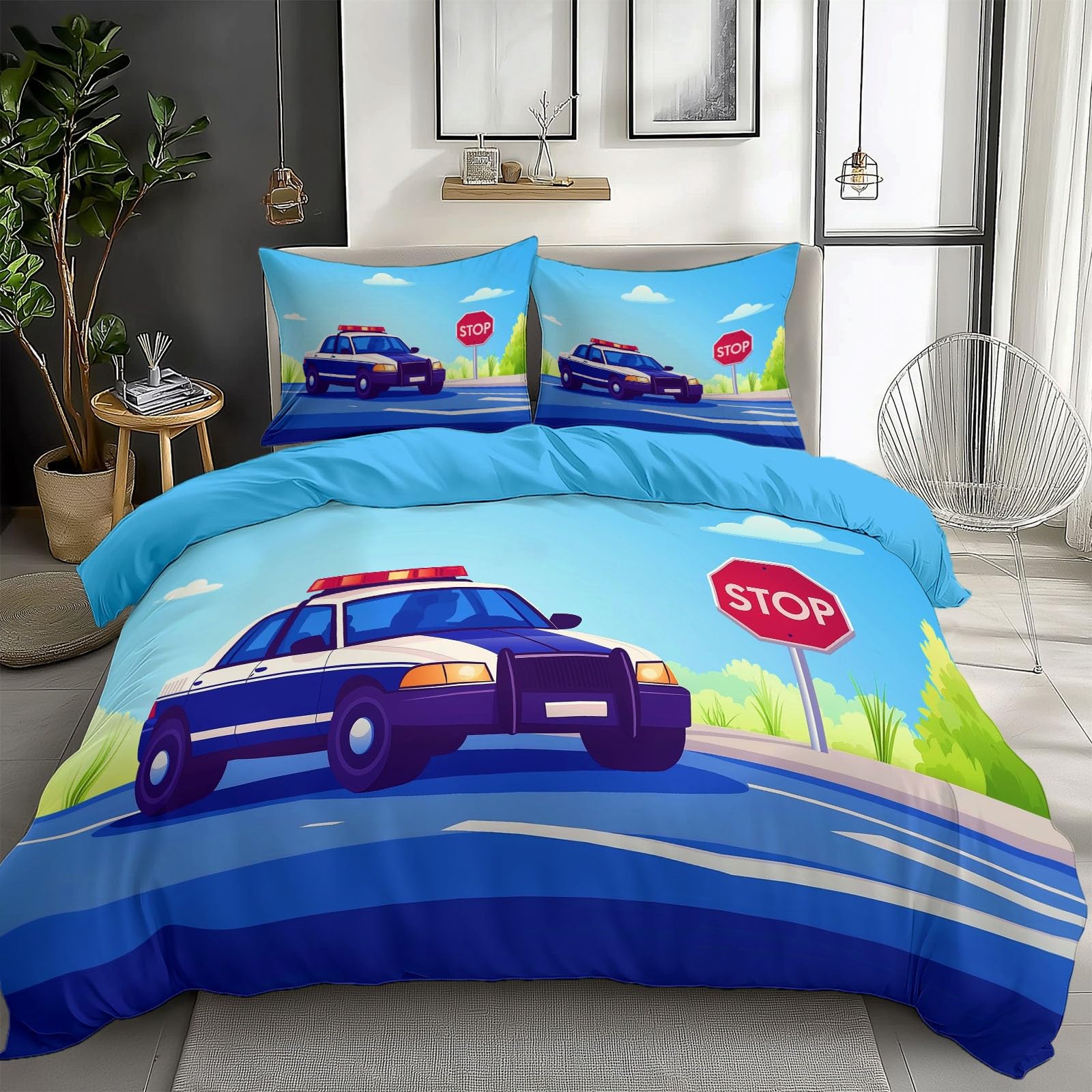 Housse de couette enfant voiture de police en microfibre douce avec zip facile