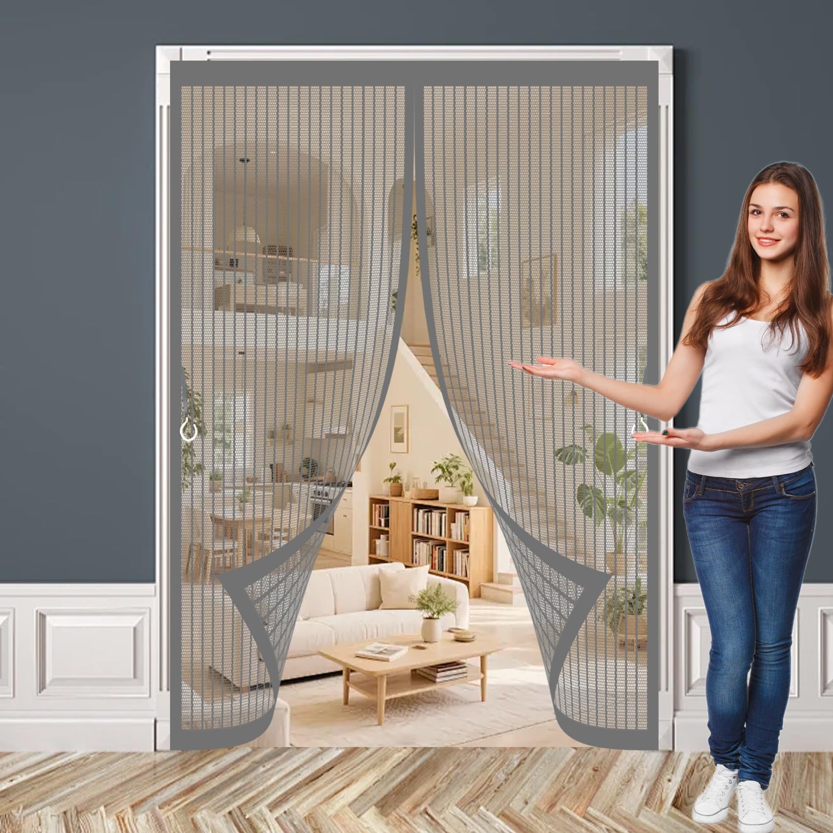 Magnetic Screen Door 185 x 202 cm Powerful Magnets, No Drill Installation, Automatically Closes, for Keeping Out Flies & Bug Magnetic Door Screen for Patio Doors Balcony, Grey