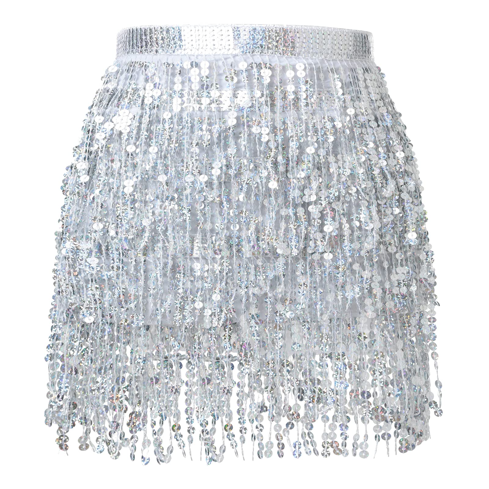 Soudittur Quasten Paillettenrock Damen Glitzer Rock Damen Steampunk Quastenrock Bauchtanz Hüftschal Karneval Fransen Rave Outfit Kostüm