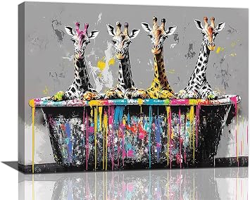 Giraffe Wall Art, Graffiti Giraffes Pictures Wall Decor, Graffiti Canvas Prints, Banksy Animal Painting, Framed Artwork for Bathroom Living Room Bedroom Office Dining Room 16"x12"